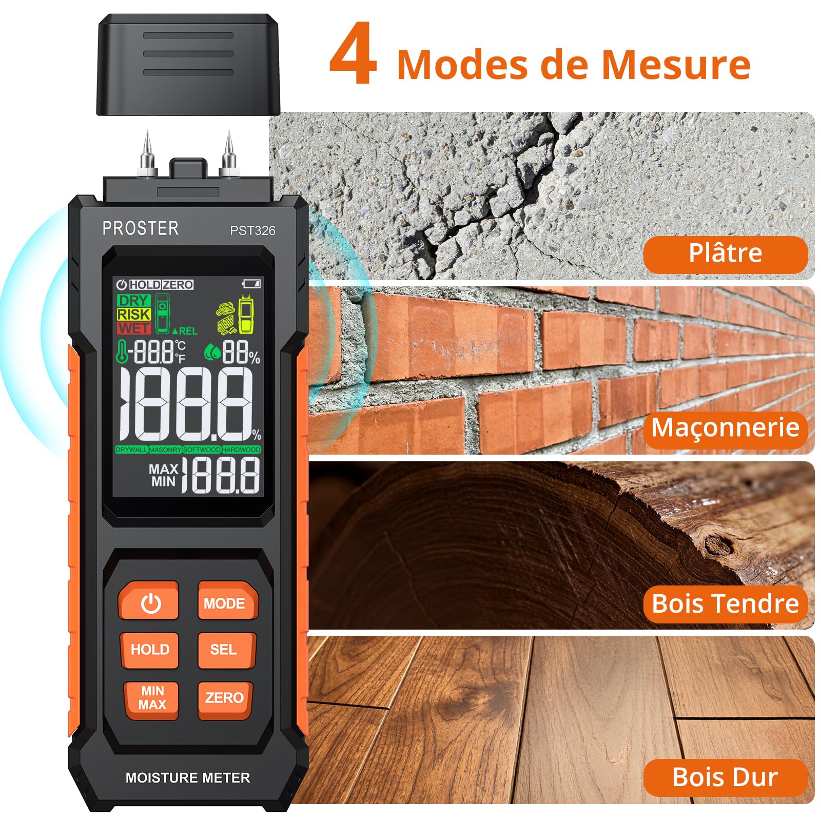 Proster Humidimètre Bois 2-En-1 à Broche et Sans Broche - Testeur Humidité avec Alarme pour Bois, Maçonnerie, Plâtre, Affichage Température, Max/Min pour Rénovation, Entretien Domestique, Chantiers