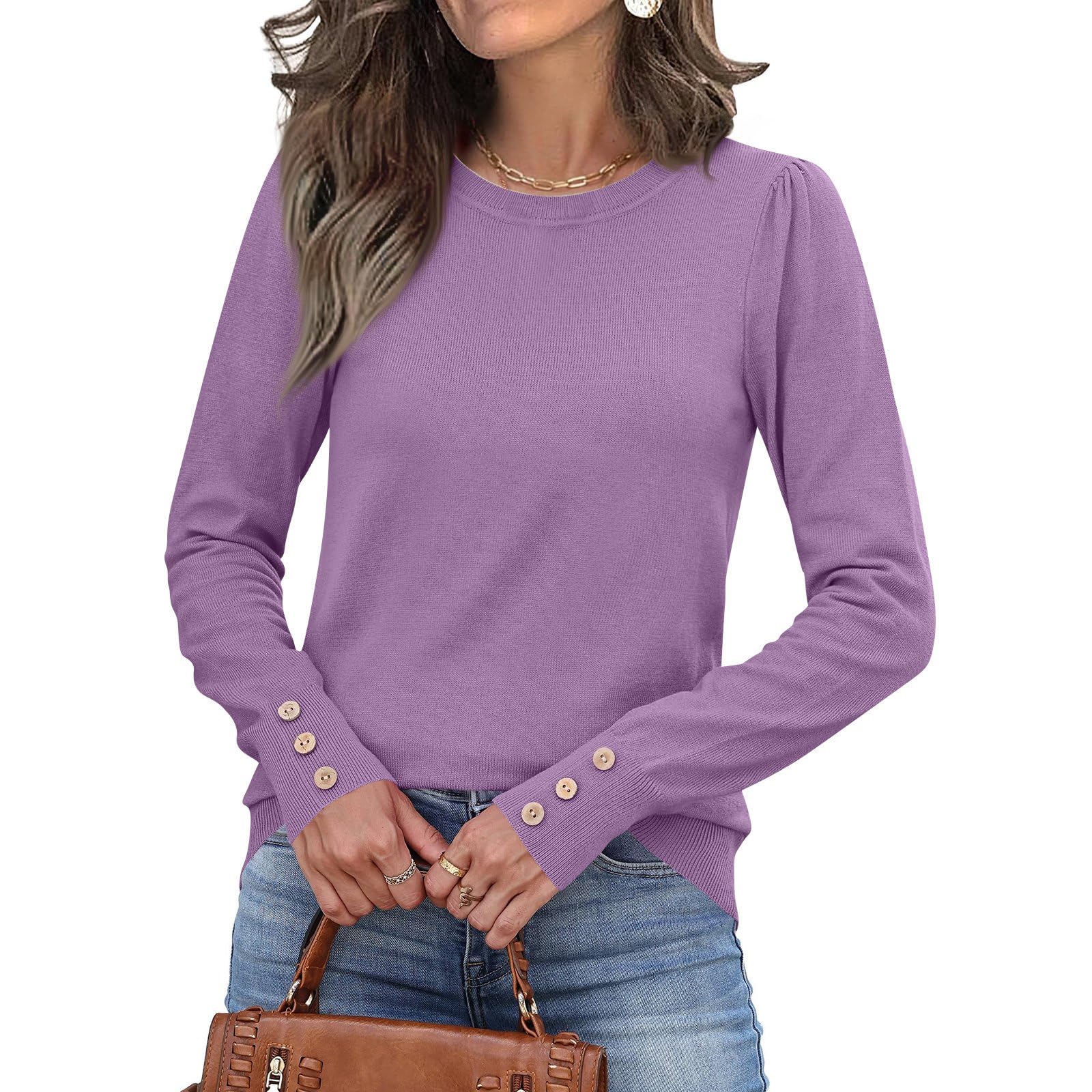 Cute Sweaters for Women Fall Fashion Long Sleeve Button Cuff Soft Knit Pullover Trendy Tops Dressy Casual Blouses
