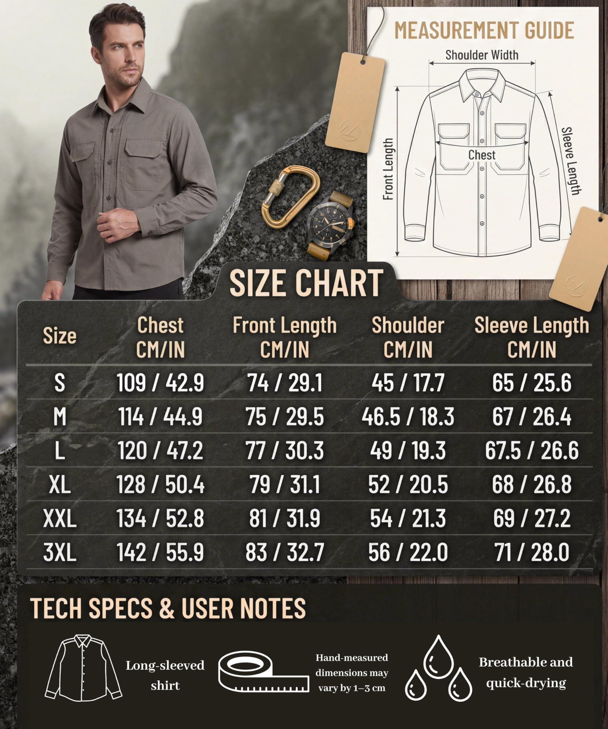Herren Outdoor Langarm Hemd Funktionshemd mit Taschen Safari Sportshirt Atmungsaktiv Schnelltrocknend Shirts Casual Button Down Hemden Trekking Outdoorhemd