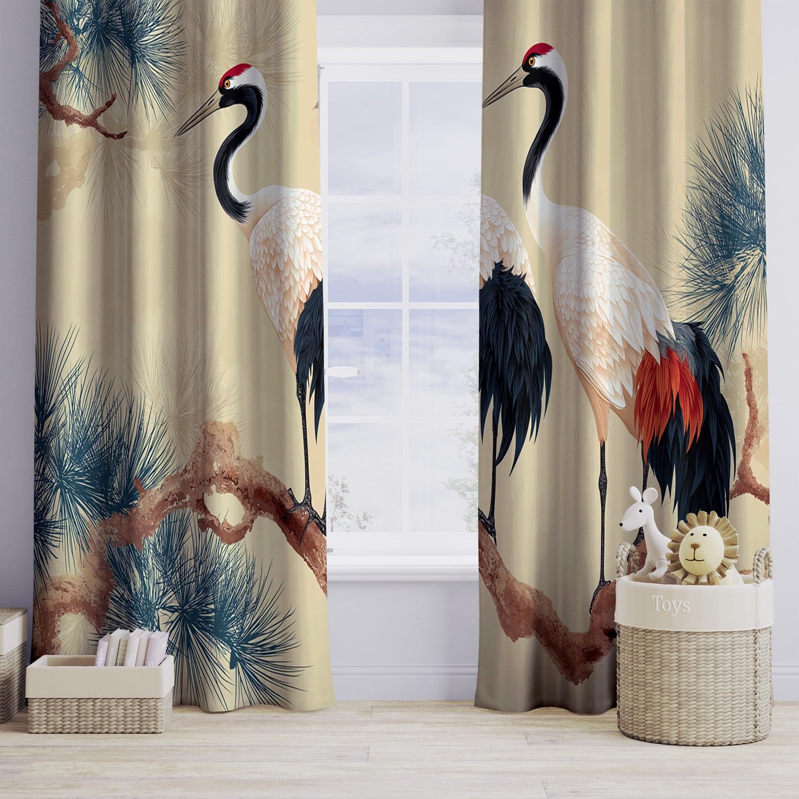 Est Animaux Grues Pins Rideau Occultant Thermique 140 x 175 cm Lot de 2, Fenetre Rideaux Salon Intérieur Maison Occultant Isolant Thermique Anti Froid, Beige