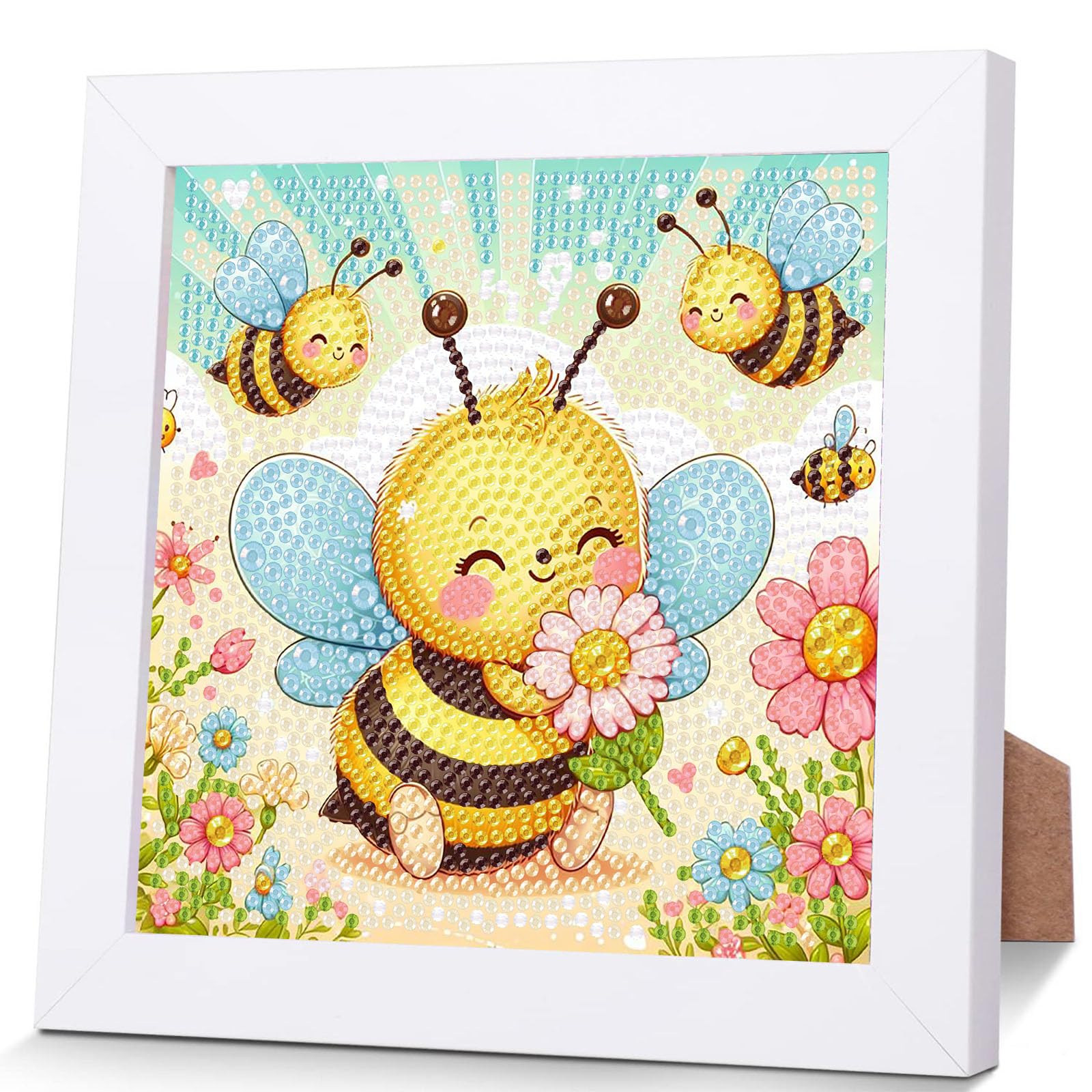 Pujeknm Biene Diamond Painting Kinder Mit Holzrahmen,Set Full Diamant Painting Bilder Kinder Tiere,5D Diamond Painting Mädchen,DIY Mosaikherstellung Arts Craft für Home Wand Decor 18x18cm