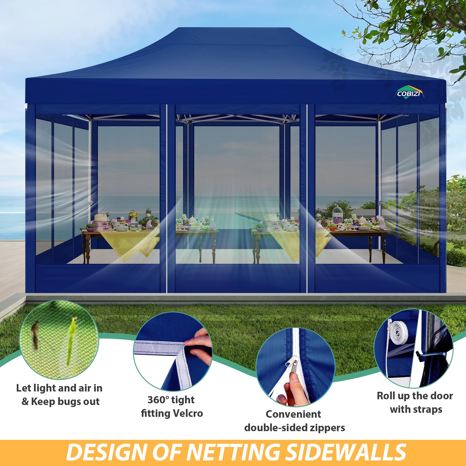 COBIZI 3x4.5m Tenda a Baldacchino con 4 Pareti Laterali, Resistente Tettoia Pop-up con Zanzariera, Tenda a Schermo Facile per Feste, Matrimonio, Campeggio All'aperto con Borsa, Blu Scuro