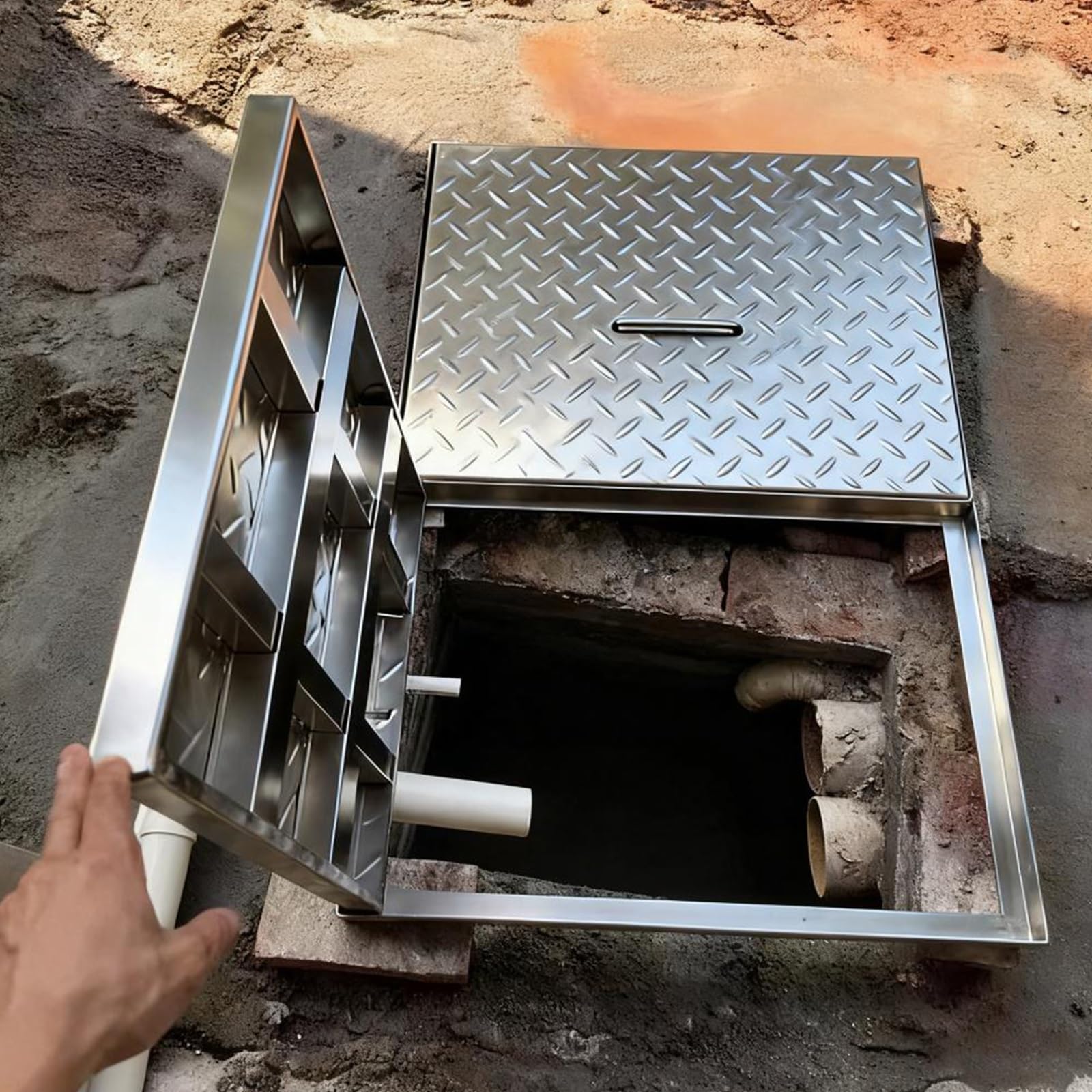 Tapa de Alcantarilla de Acero Inoxidable con Asa, Tapa Arqueta de Sumidero Empotrada y Marco para Patio, Jardín y Acera(45 * 45 * 2.5cm/18 * 18 * 1in)