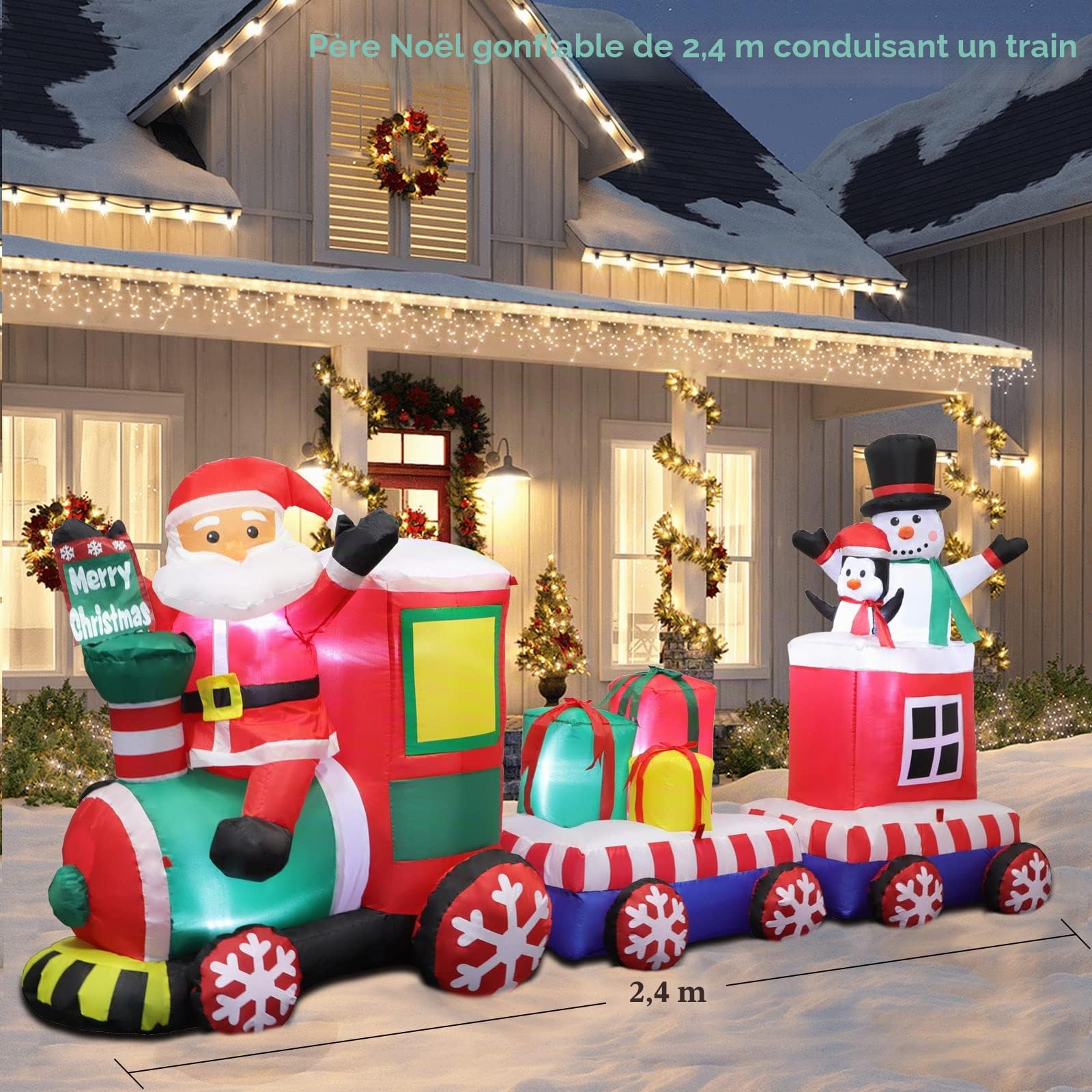 Omdekor 240CM Noël Gonflable Train avec Père Noël Bonhomme de Neige Pingouin, Décoration de Noël Gonflable, Lumière LED Intégrée, Fête de Noël, Festival, Jardin, Pelouse, Cour décoration