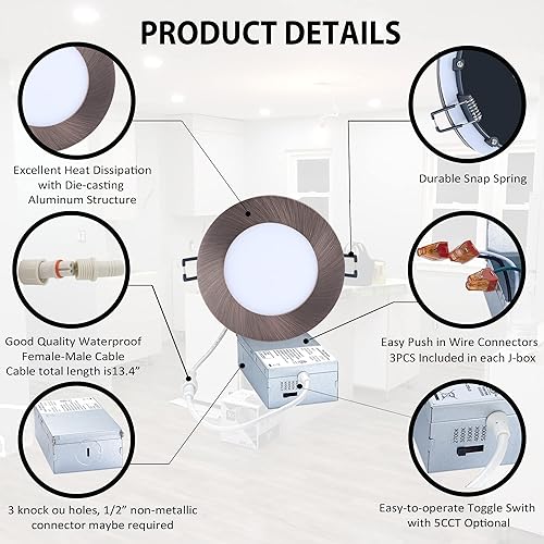 Miniatura 5 de Iluminación LED empotrable sin lata de 4 pulgadas, 5 CCT, ajustable, regulable, con caja de conexiones, luz de techo con caja de conexiones, 9 W,