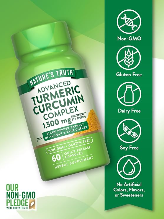 Nature's Truth Turmeric Curcumin | 60 Capsules | with Black Pepper Extract, Olive Leaf & Tart Cherry | Non-GMO & Gluten Free Supplement