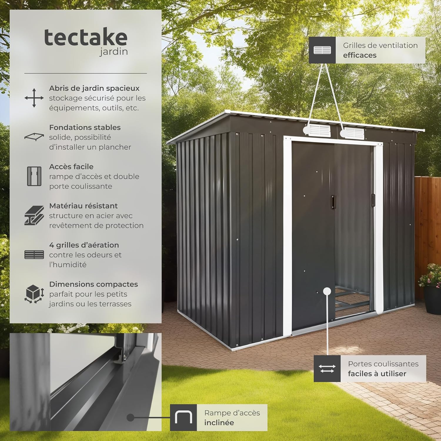 زيادةview of tectake metal garden shed with labeled features including ventilation, sliding doors, and ramp