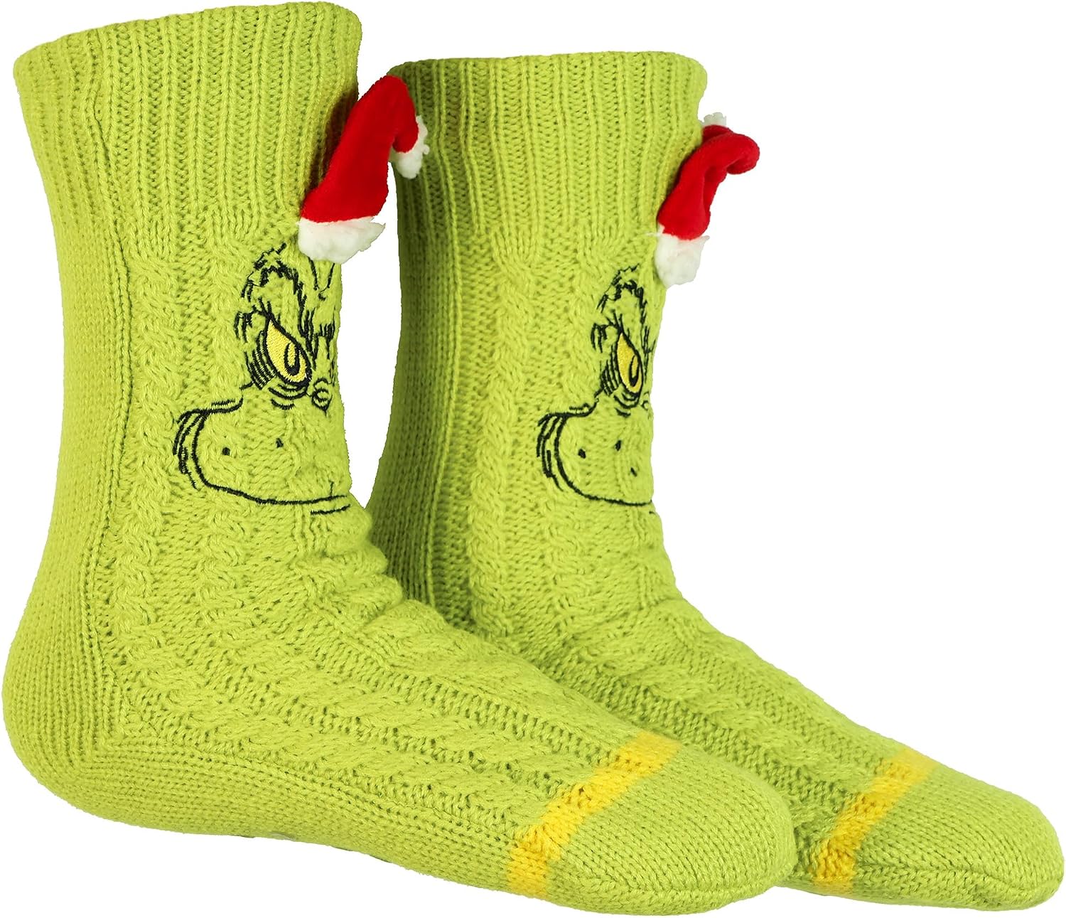 Bioworld Dr. Seuss GRINCH Adult Sherpa Lined Grinch Face Santa Hat Sweater Knit Slipper Socks For Men and Women