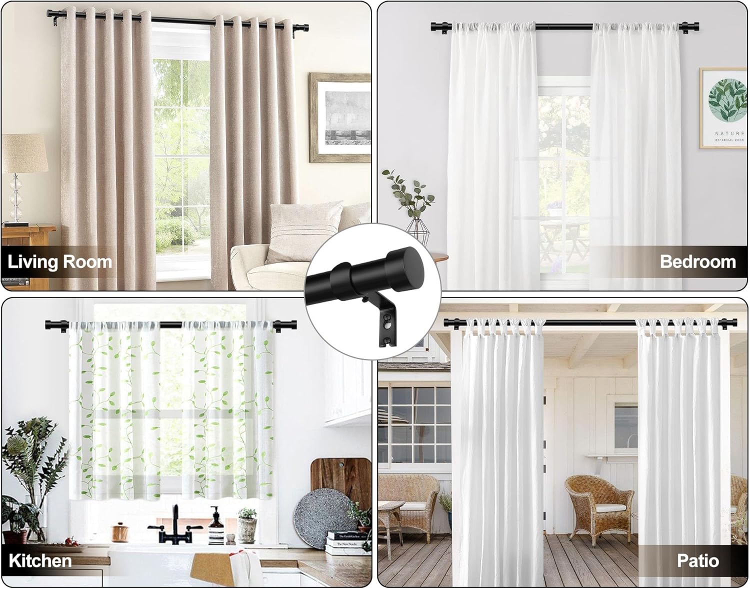 KAMANINA Bundle of 66 to 120 inch Black Double Curtain Rod and 48 to 84 Inch Black Curtain Rod, Modern Simple End Cap