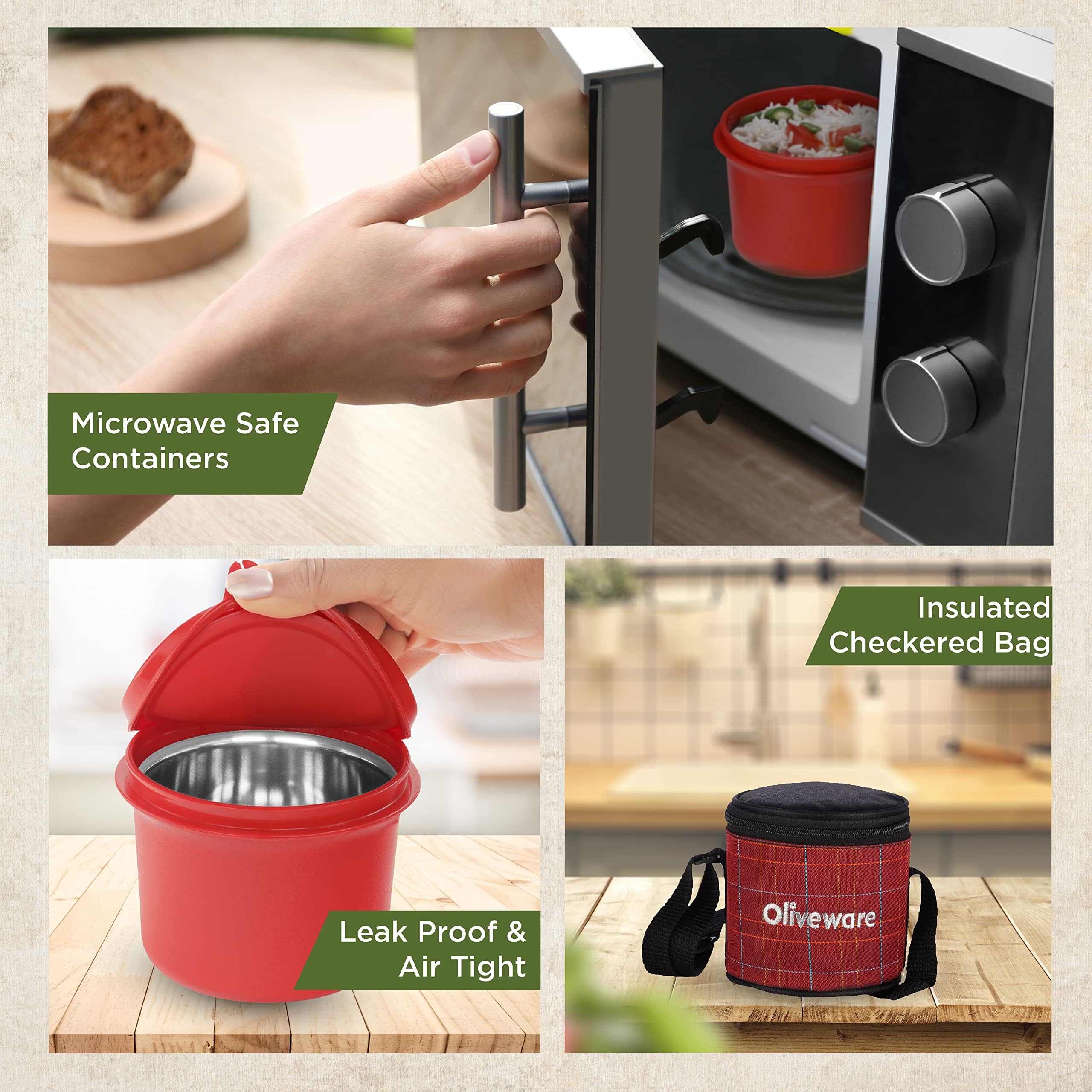 SOPL-OLIVEWARE Cleo Lunch Box, Microwave Safe & Leak Proof, 2 Inner Steel Containers with BPA Free Airtight Lids (450ml & 600ml), Fabric Bag (Red)