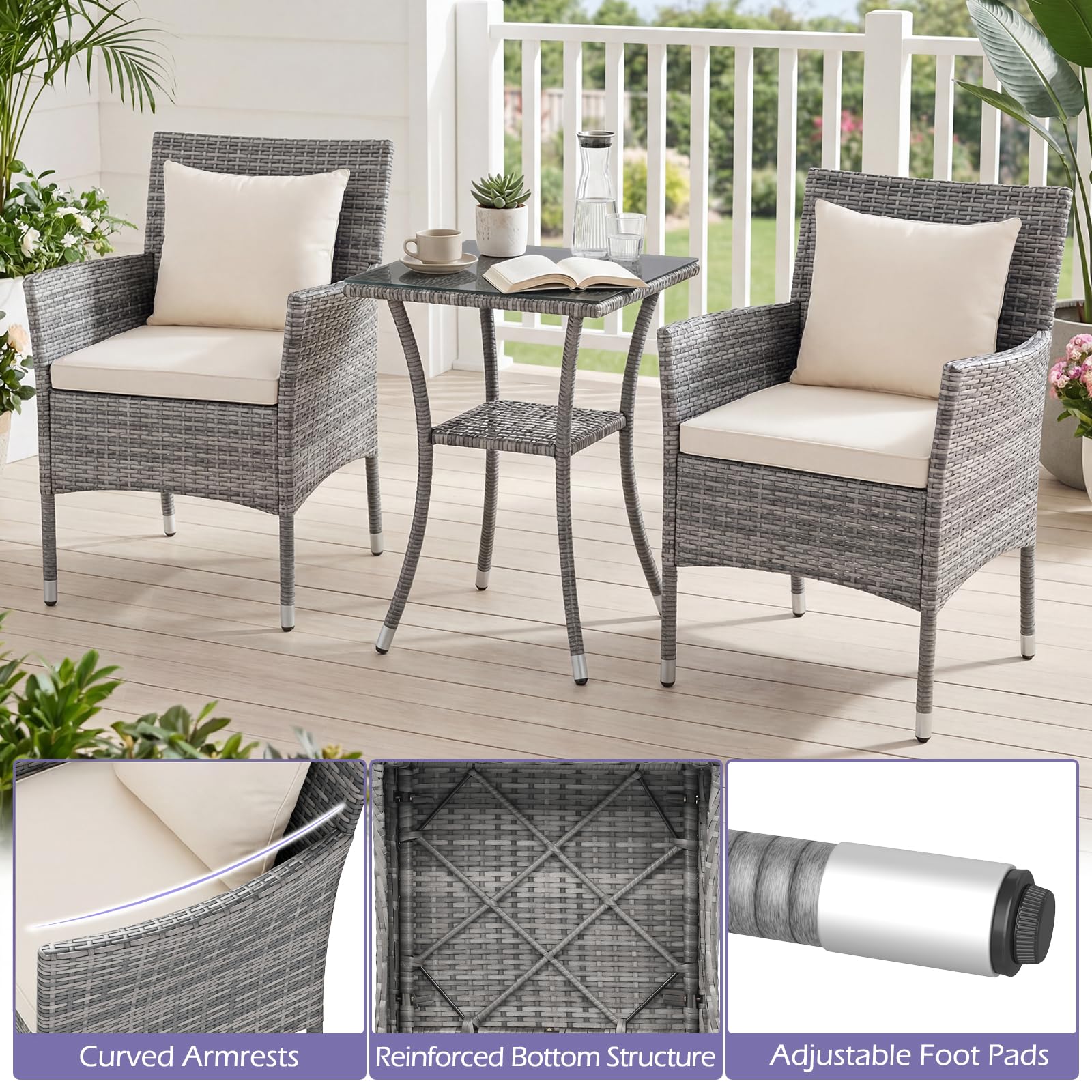 LIFEZEAL Juego de 2 Sillas de Jardín de Ratán PE y Mesa Auxiliar, Sofá con Cojines Desmontables y Mesa de Café de Cristal Templado, Set de Jardín para Tomar el Sol, Piscina y Patio (Beige)
