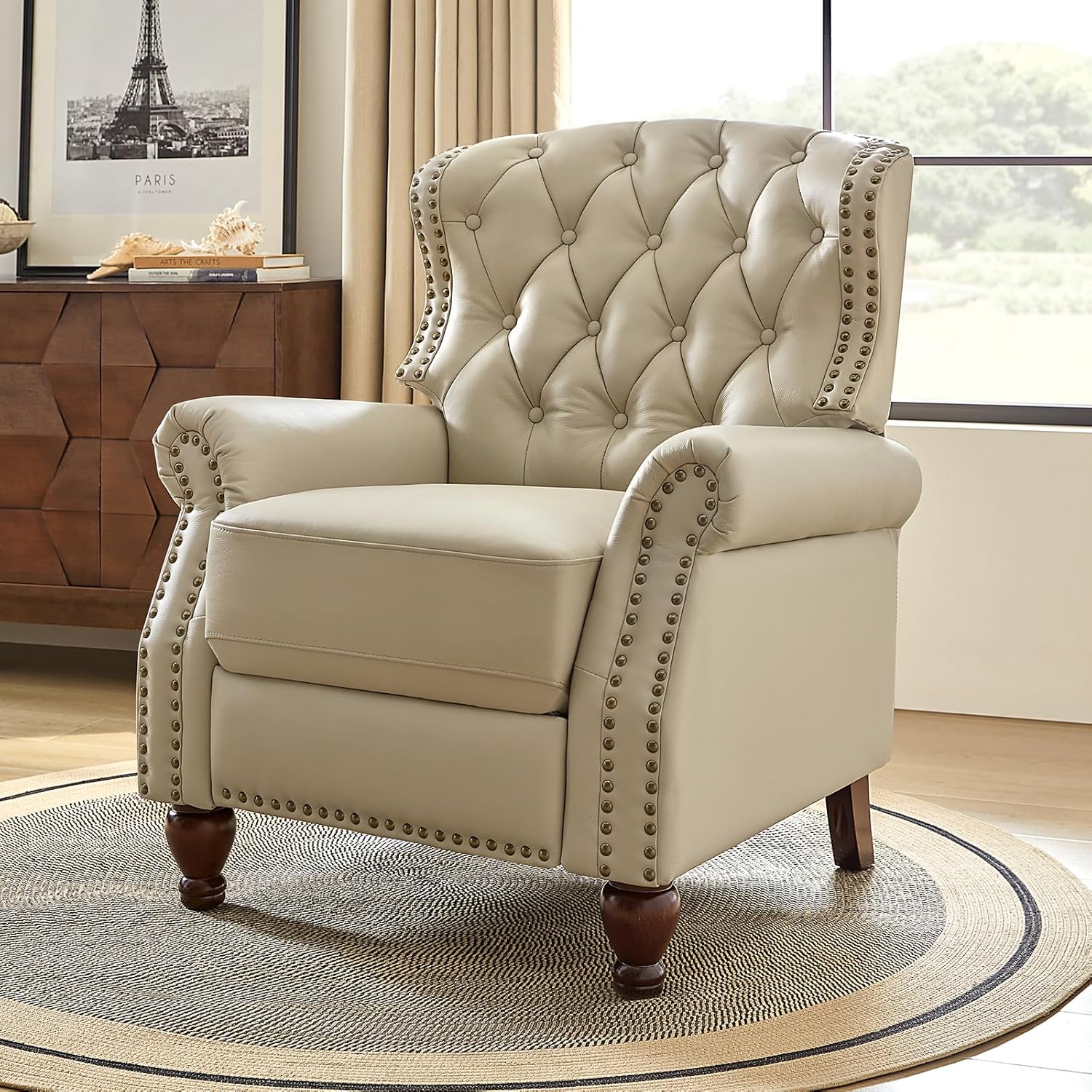 HULALA HOME Genuine Leather Recliner Chair with Solid Wood Feet, Modern Adjustable Tufted Push Back Arm Chair w/Rivet Decoration, Home Theater Seating Single Reclining Sofa for Living Room, Beige