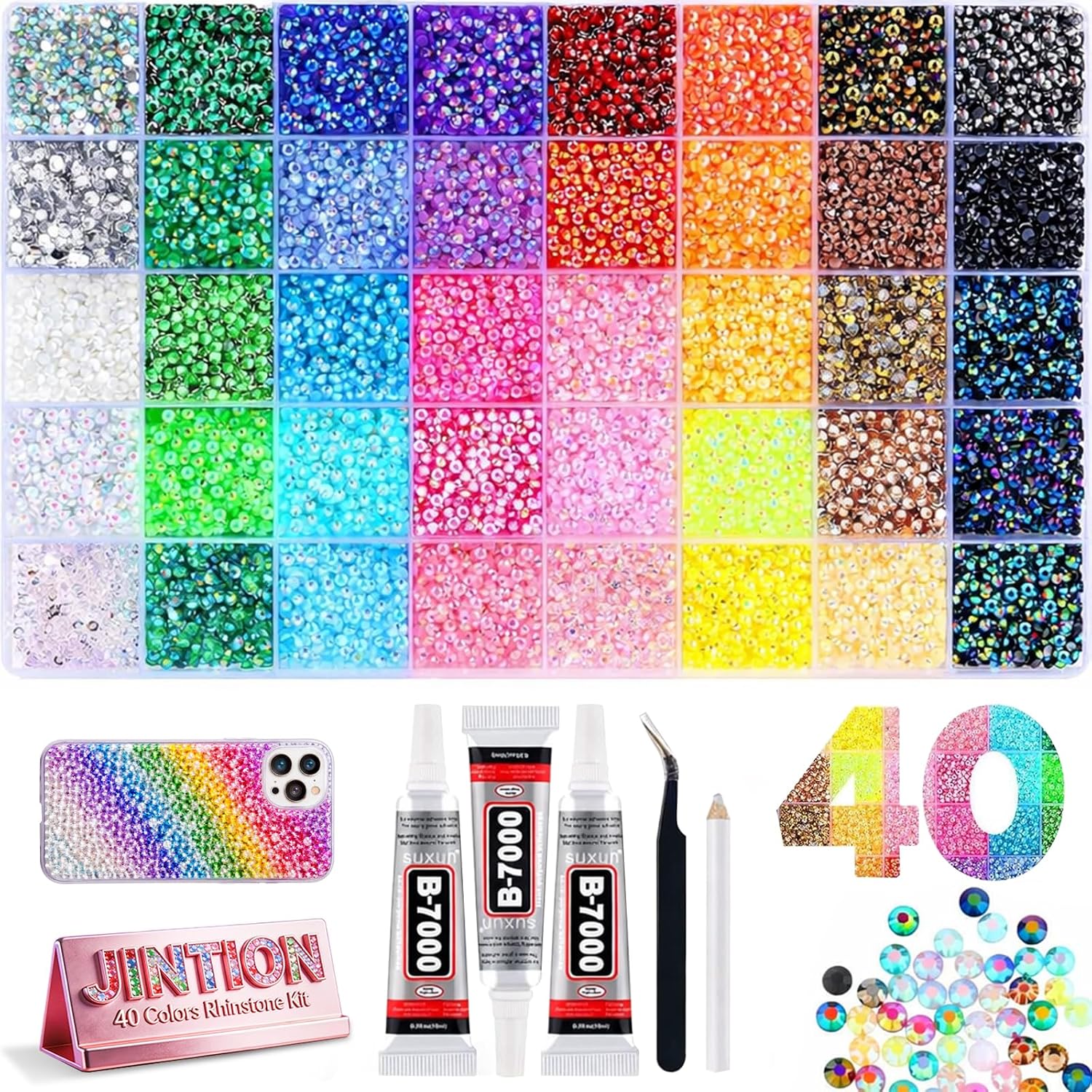 Bedazzling Kit for Bedazzler with Rhinestones Diamond Art Accessories Bedazzled Kits Bedazzle Painting Badazzle Gems Rhinestone Nail and Tools Crafting Rinestones Set Nails Flatback Craft 40 Colors
