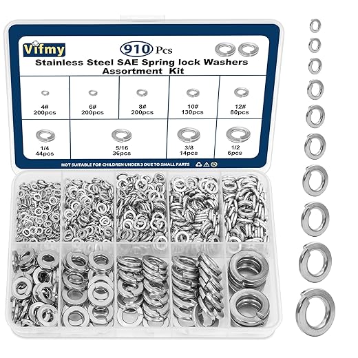 SAE Spring Lock Washers Assortment Kit(910 Pack), #4#6#8#10#12 1/4" 5/16" 3/8" 1/2" SAE Split Lock Washer Set, 304 Stainless Steel Lock Washers for Screws Bolts