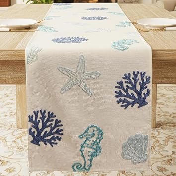 Coastal Embroidered Table Runner Beach Decor Coral Shell Seahorse Starfish Table Decoration for Home Ocean Indoor Kitchen Dining Decor 13x72 Inch