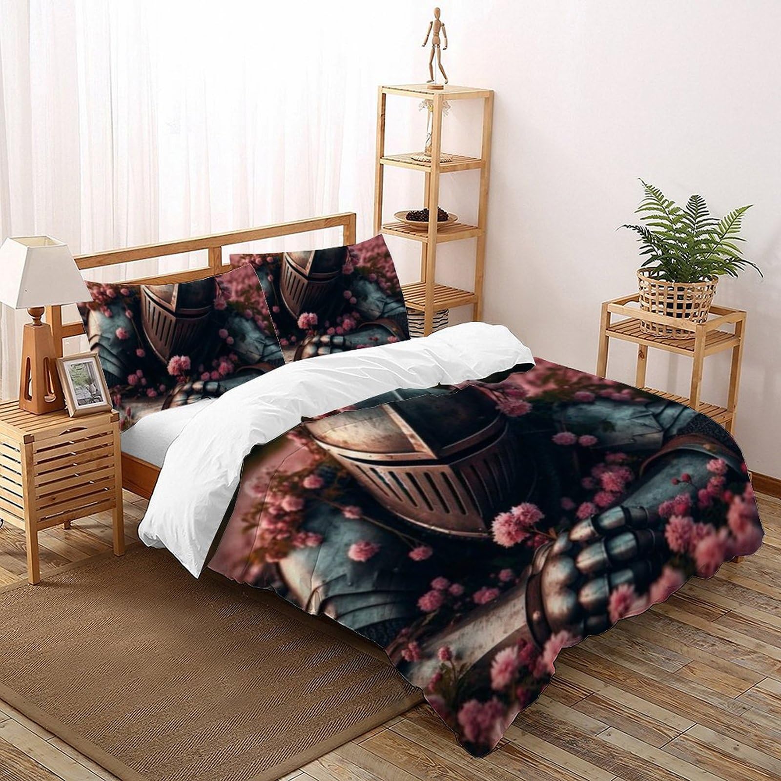 Housse de couette double microfibre 3D Chevalier avec 2 taies d'oreiller filles