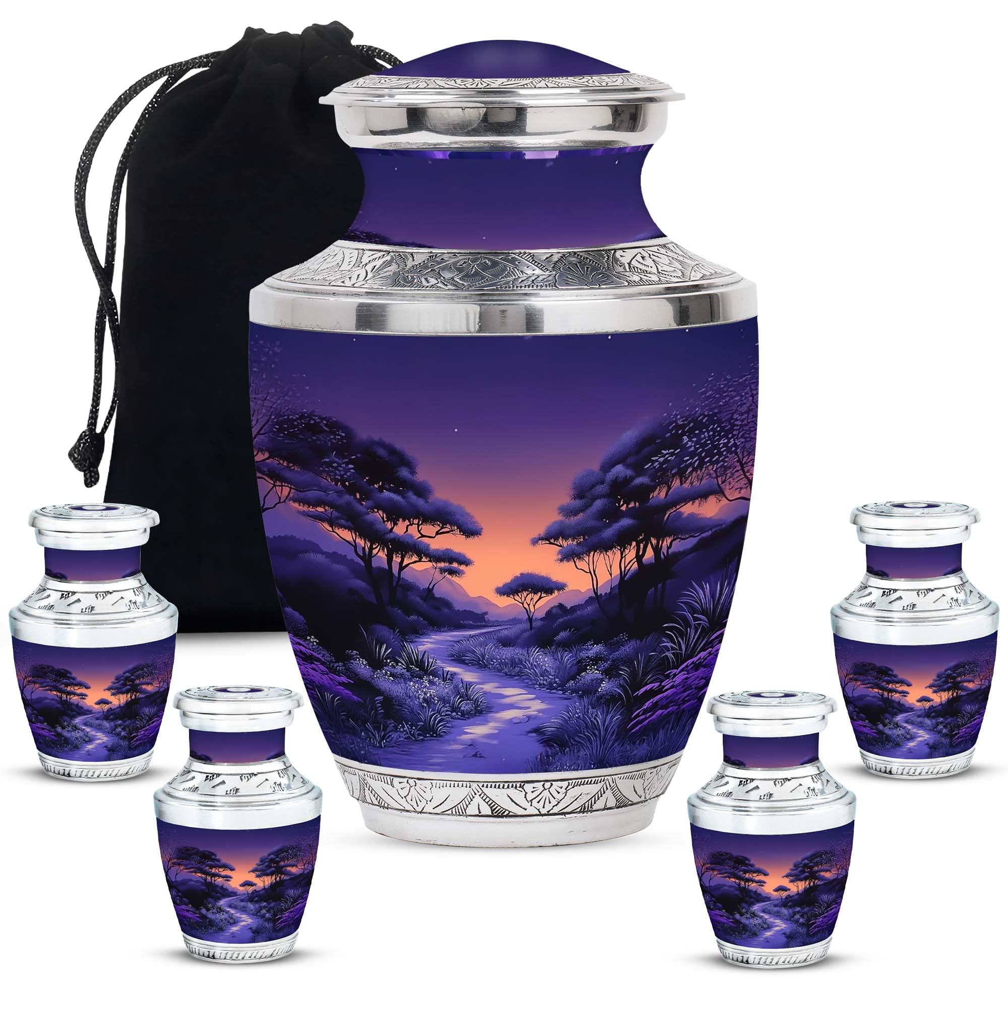 YATHABHISA Purple Urns for Ashes, Keepsake Funeral Urn Adult Remains, Decorative Ash Container, Burial for Human, Memorial Gift for Brother & Sister, Combo (10 Inch & 3 Inch Mini Keepsake Set of 4)