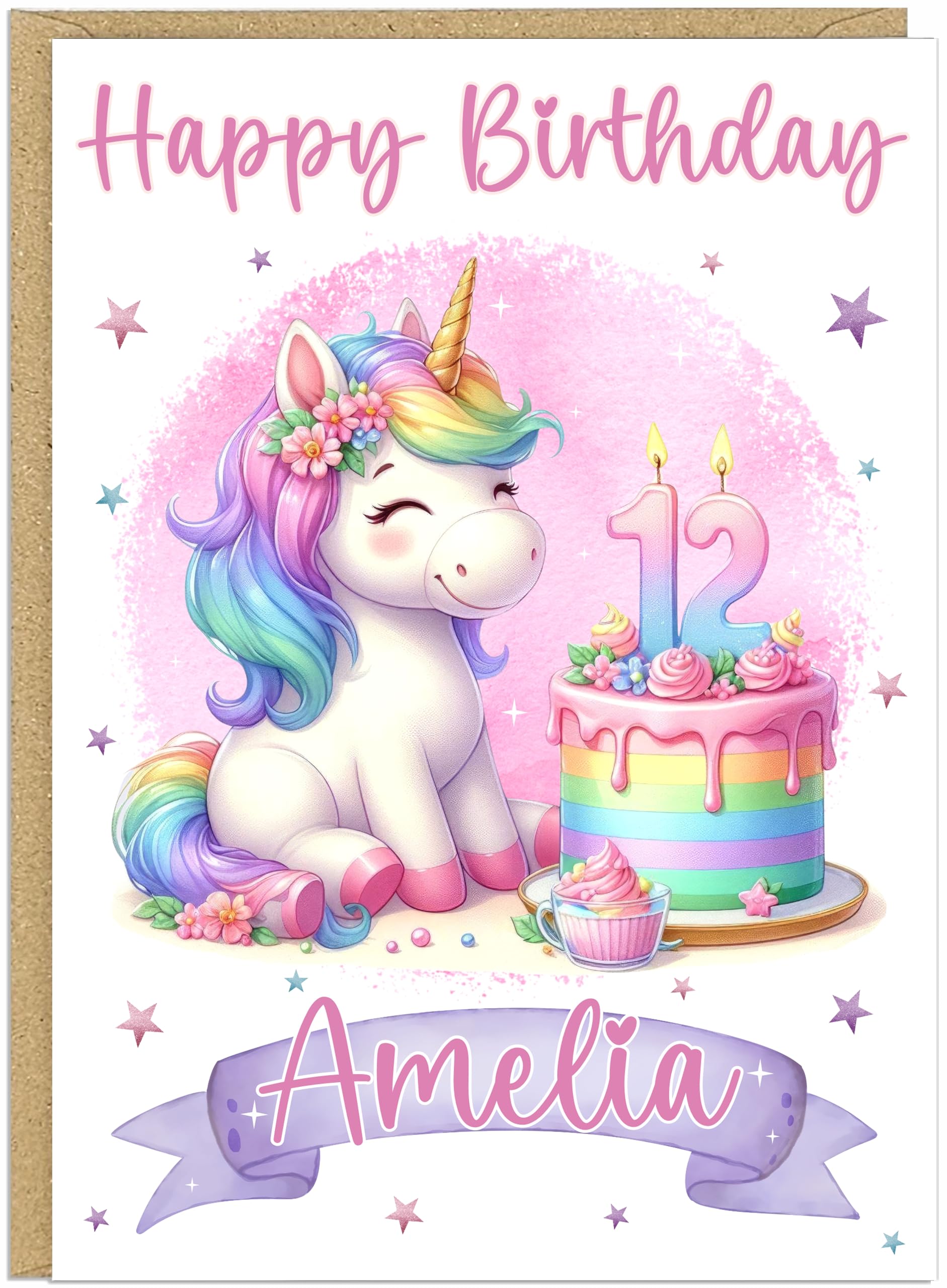 Personalised Cute A5 Unicorn Happy Birthday Cards for Little Girls - Custom Own Name & Age 1-12 Years Designs - Cute Girly Greeting Cards For Her (Age 12)