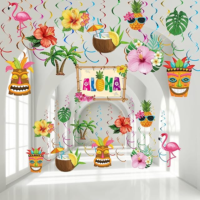 30 Pieces Hawaiian Luau Birthday Party Hanging Swirl Decorations, Aloha Tropical Palm Flamingo Sign Foil Ceiling Decor for Hawaiian Tropical Party Summer Beach Pool Party Tiki Party Supplies