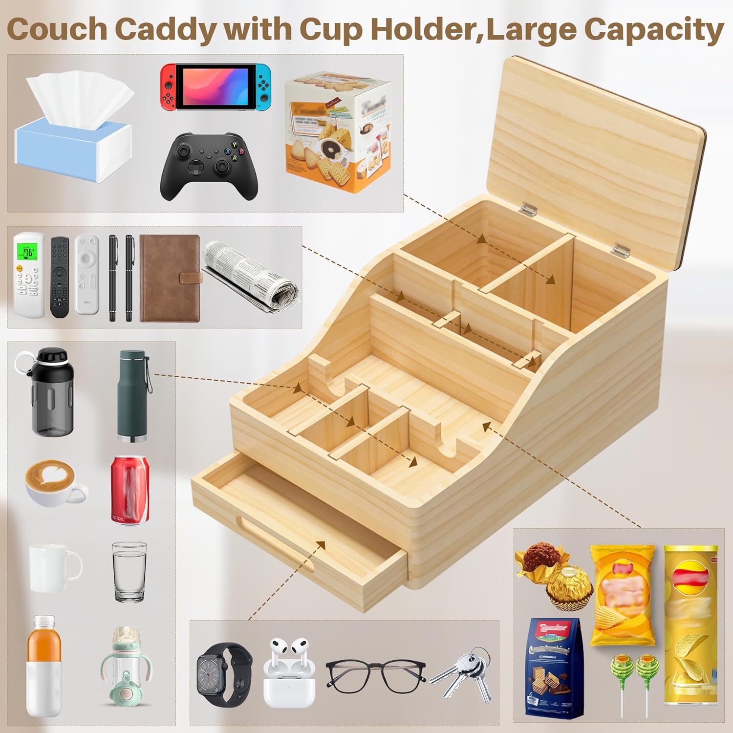 Couch Caddy with Cup Holders, Multi-Use Sofa Table with Flip Top Push-Pull Drawer, Sturdy Pine Wood Hold Hands Couch Cup Holder for Car, Living Room, Bedroom, Vanity - Image 3