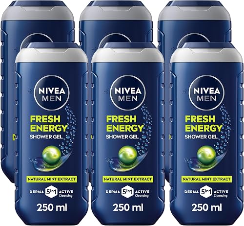 NIVEA MEN Energy 3in1 Shower Gel Body Wash with Mint Extract, 250ml, Pack of 6