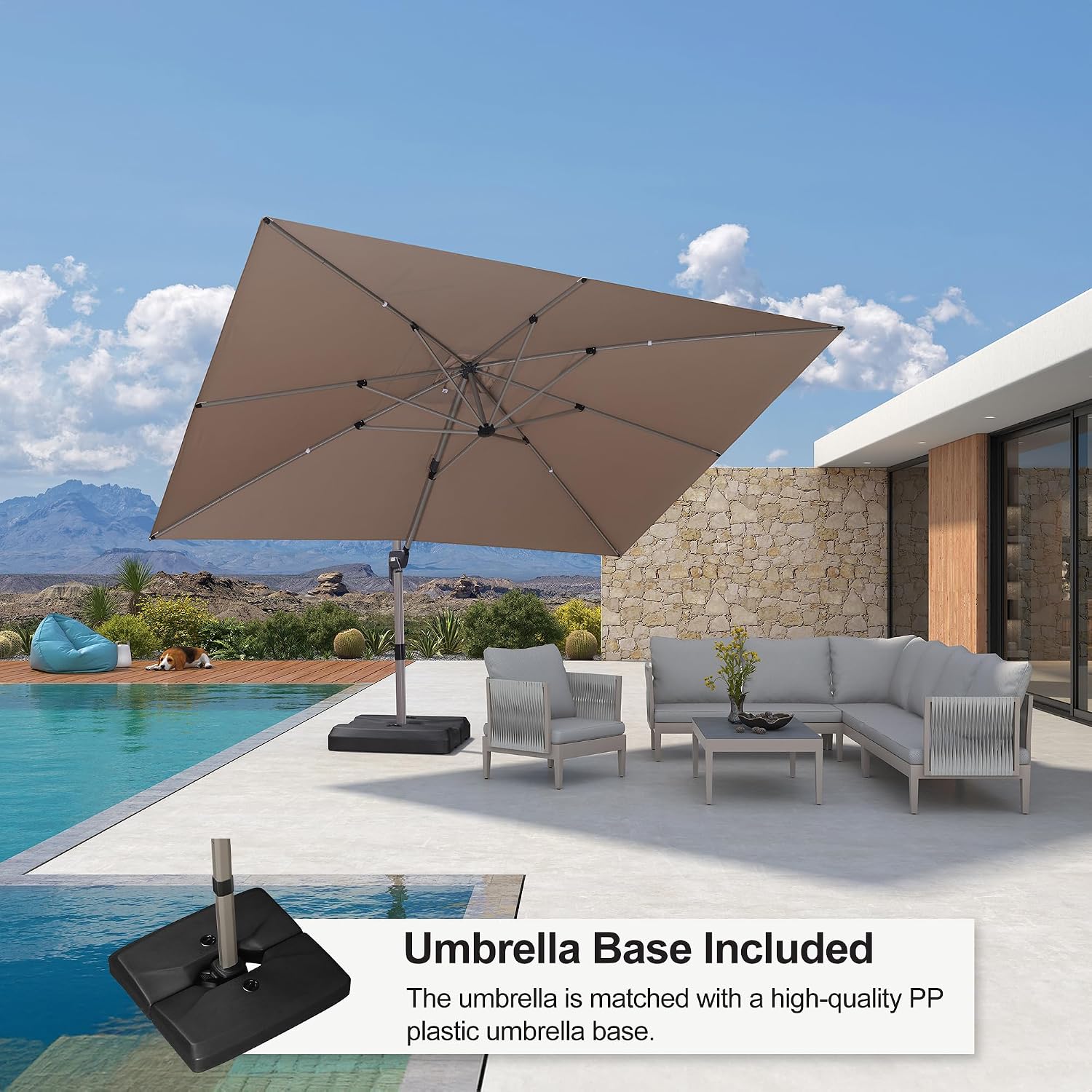 PURPLE LEAF Patio Umbrella with Base Included, 10‘×13’ Outdoor Aluminum Cantilever Umbrella with 360° Rotation, Aluminum Large Offset Umbrella for Outdoor Garden Pool, Taupe