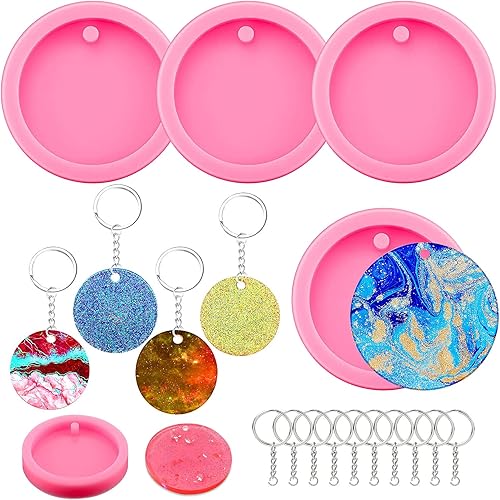 likerf Paquete de 4 moldes de posavasos rosados para fundición de resina con 10 llaveros de resina de silicona, moldes redondos de epoxi para