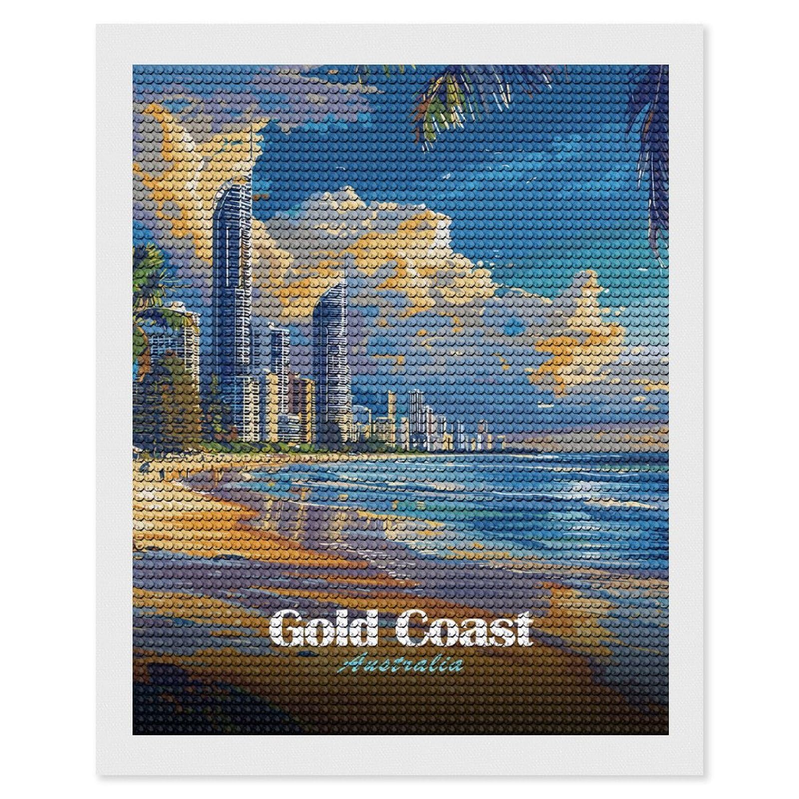 Junmoney Gold Coast Australia Beach Skyline Diamond Painting Kit 16"x20", Easy Handmade Project, Cosy Home Accent, for Craft Lovers, Holiday Gift Idea