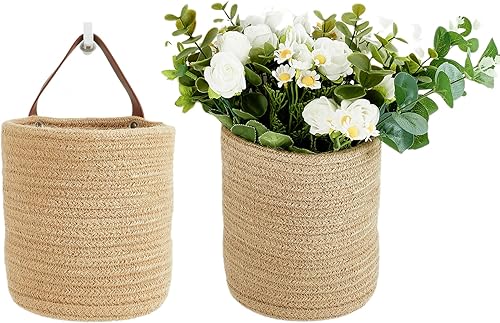 Miniatura 8 de Paquete de 2 cestas colgantes pequeñas de cuerda de algodón de pared con asa, cestas de almacenamiento colgantes, cestas de almacenamiento