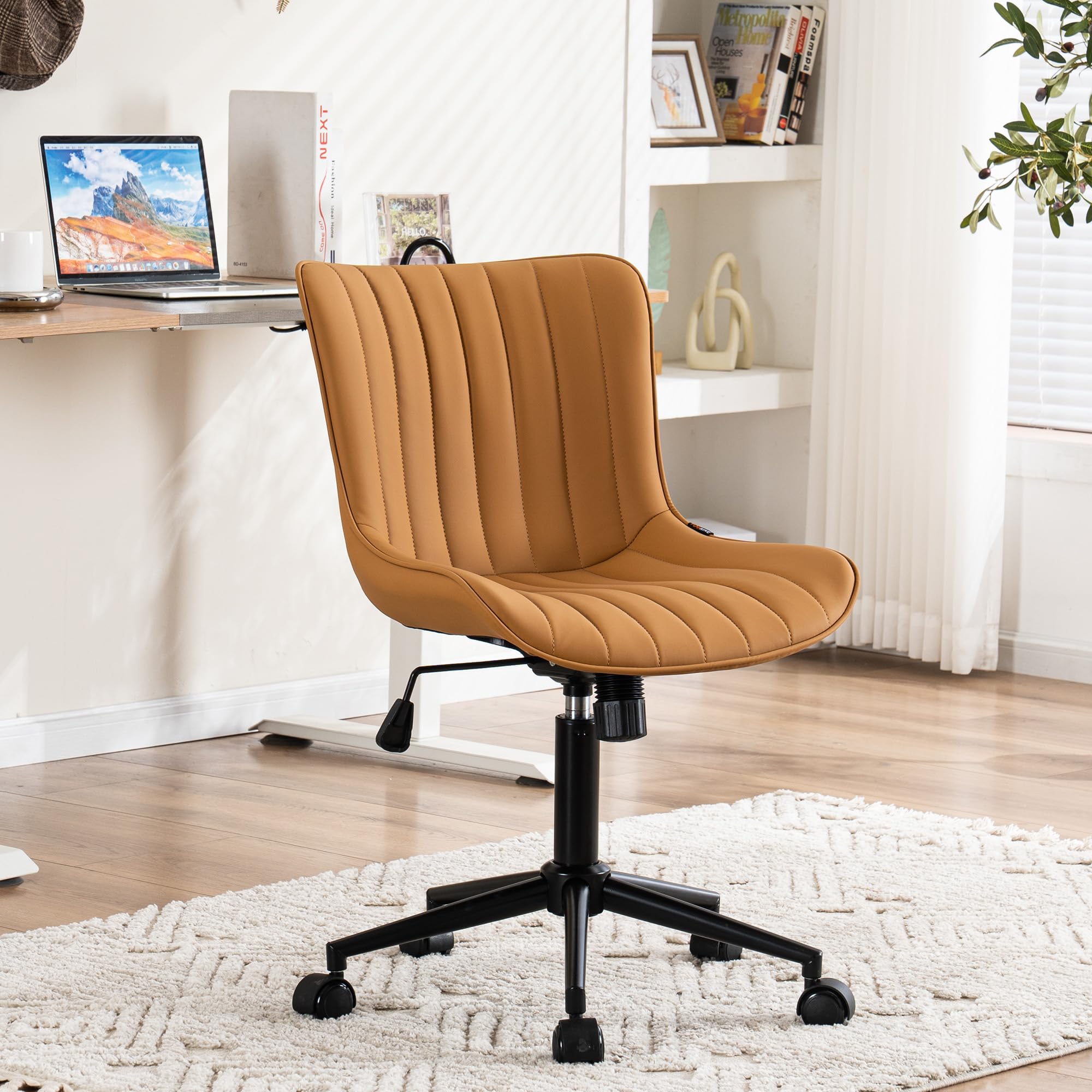 YOUNIKE Office Chair Swivel Desk Chair with Wheels Upholstered Faux Leather Height Adjustable Computer Task Chair Modern Rolling Armless Ergonomic Backrest, Tan, Loads 300 lbs