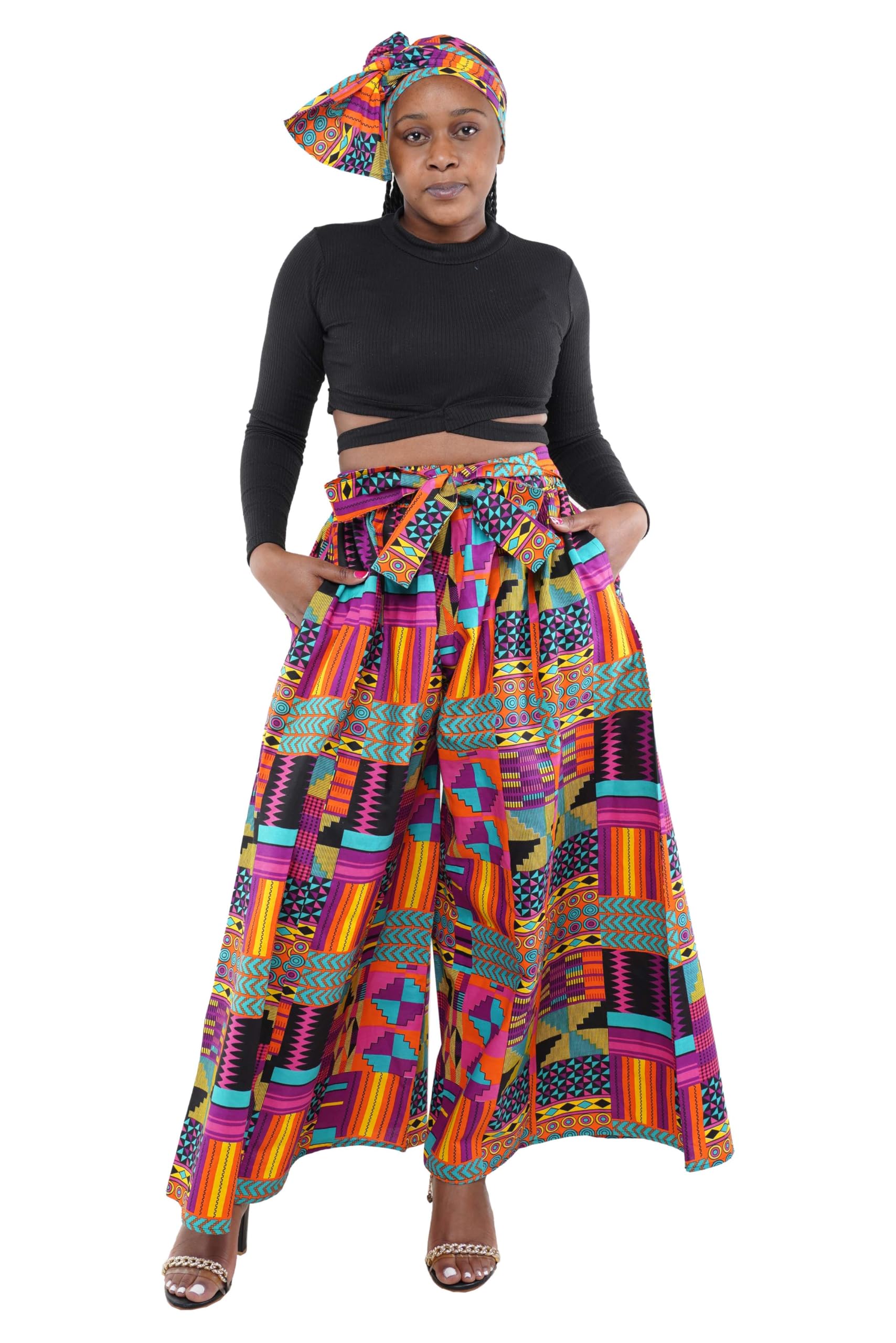 Afrocentric African Print Palazzo Pants for Women Wide Leg 100 Cotton with Elastic Waist Pockets Matching Head Wrap