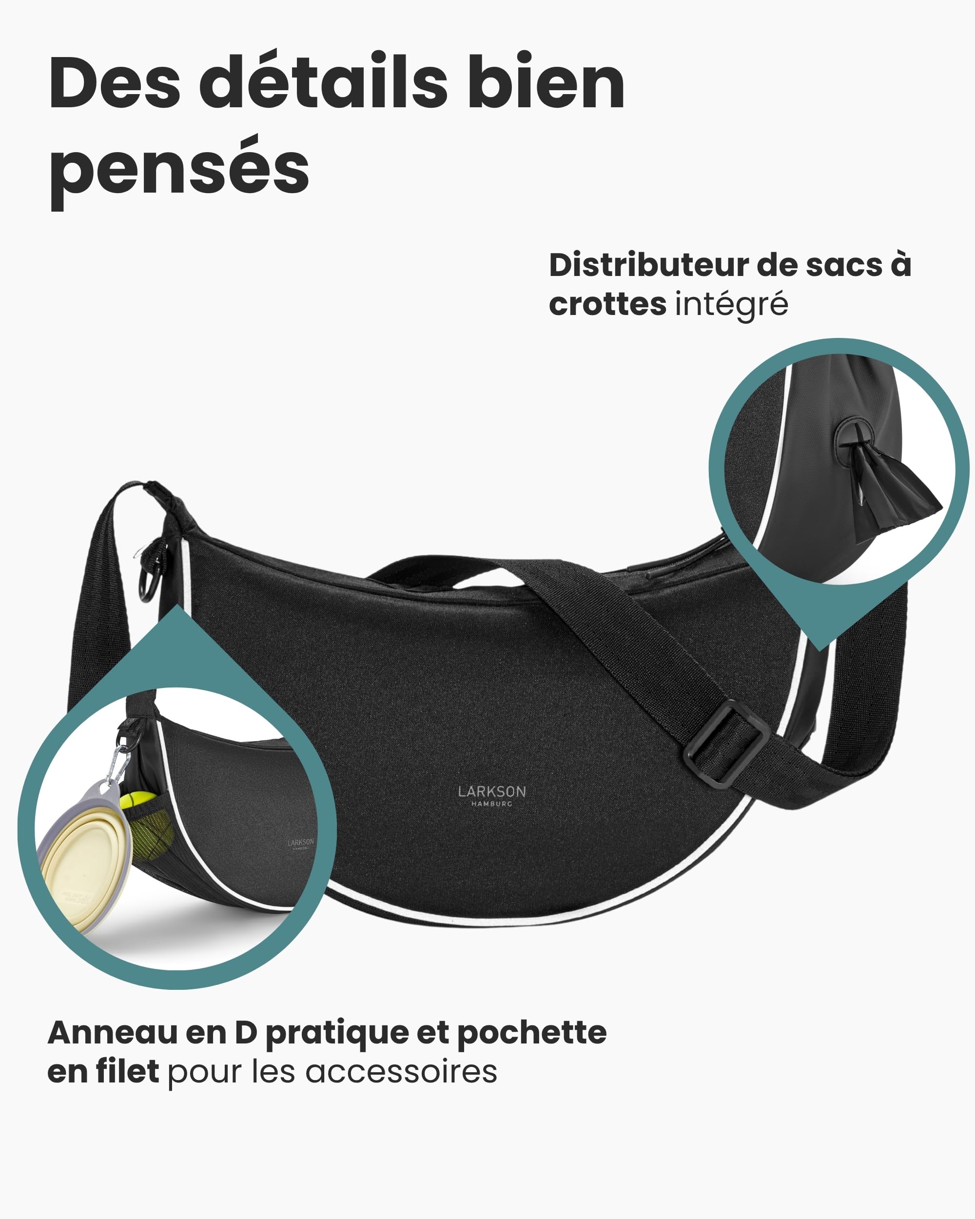 LARKSON Half Moon Bag à Friandises pour Chien Noir - Fiete - Sac à Bandoulière Promenade - Pochette à Friandises avec Distributeur de Sacs à Excréments - Sac de Dressage Réfléchissant - Hydrofuge