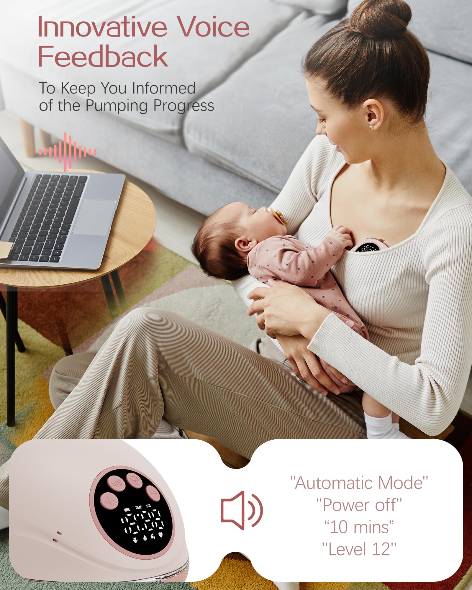 Heated Wearable Breast Pump, Electric Hands-Free Breast Pump with Voice Reminder & Auto-Stop Fuction, 6 Modes/12 Levels Hospital Grade Suction with 3 Flange Sizes, Ultra-Slim for in-Bra Use, 2 Pack