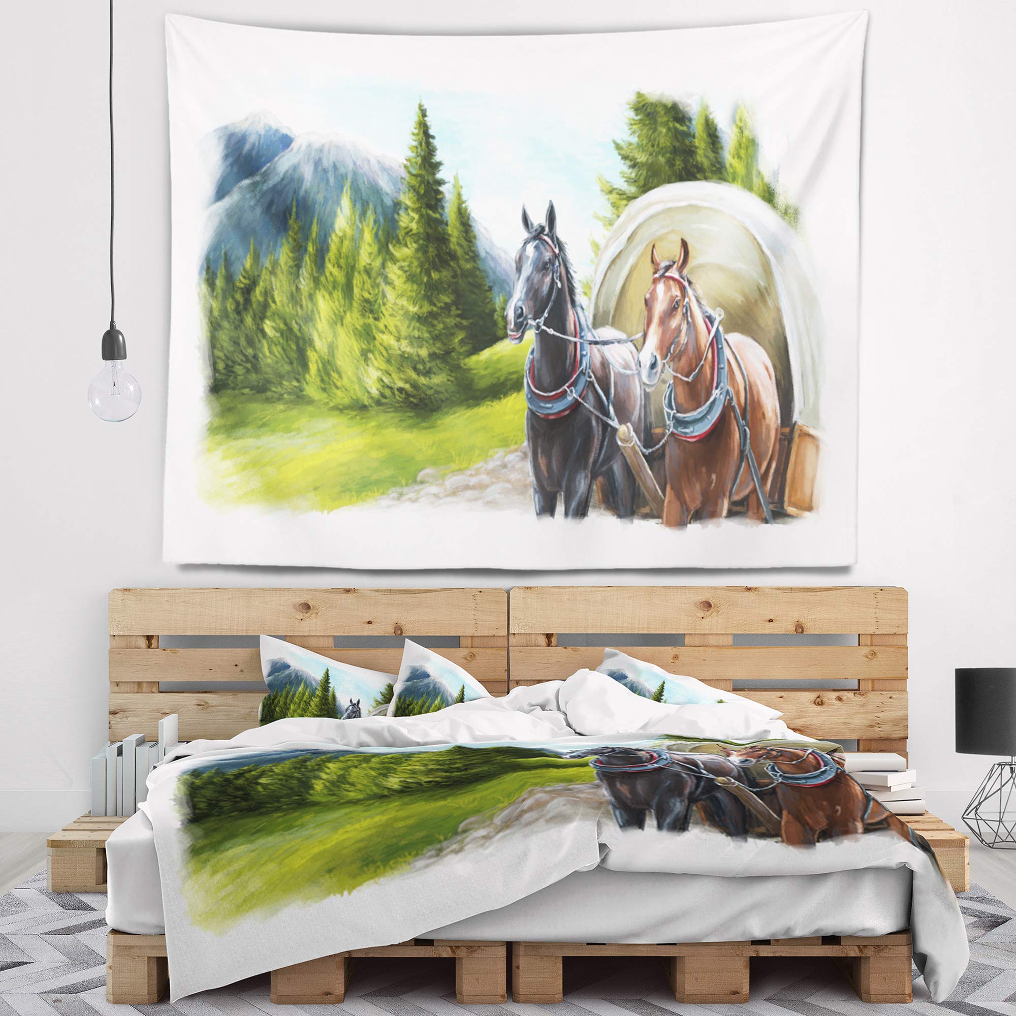Designart ' Road in Mountains with Horses' Landscape Tapestry Blanket Décor Wall Art for Home and Office, Created On Lightweight Polyester Fabric Medium: 39 in. x 32 in