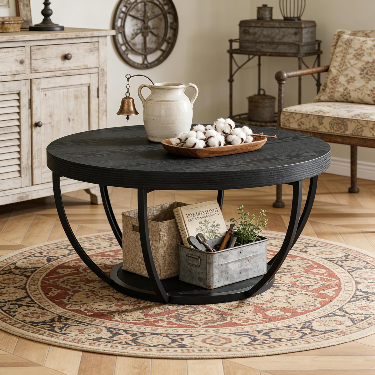 Tribesigns Round Coffee Table, Farmhouse 32" Circle Coffee Table for Living Room, Modern 2-Tier Wood Accent Center Table with Storage Open Shelves, Black