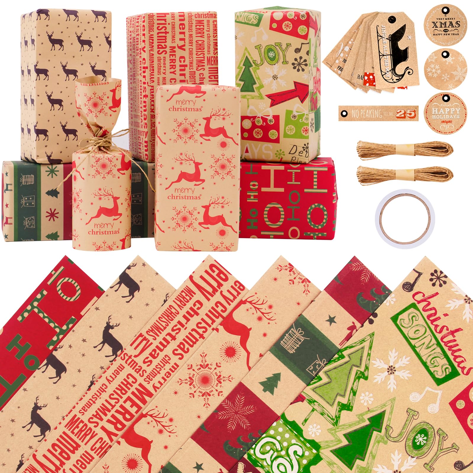 LOMIMOS 70X50CM Geschenkpapier Weihnachten,6 Blatt Schwarz-Goldenen und Weiß-Goldenen Weihnachtspapieren mit Schneeflocken mit 2 Rollen Band und Eine Doppelseitige Rolle für Geschenkverpackung
