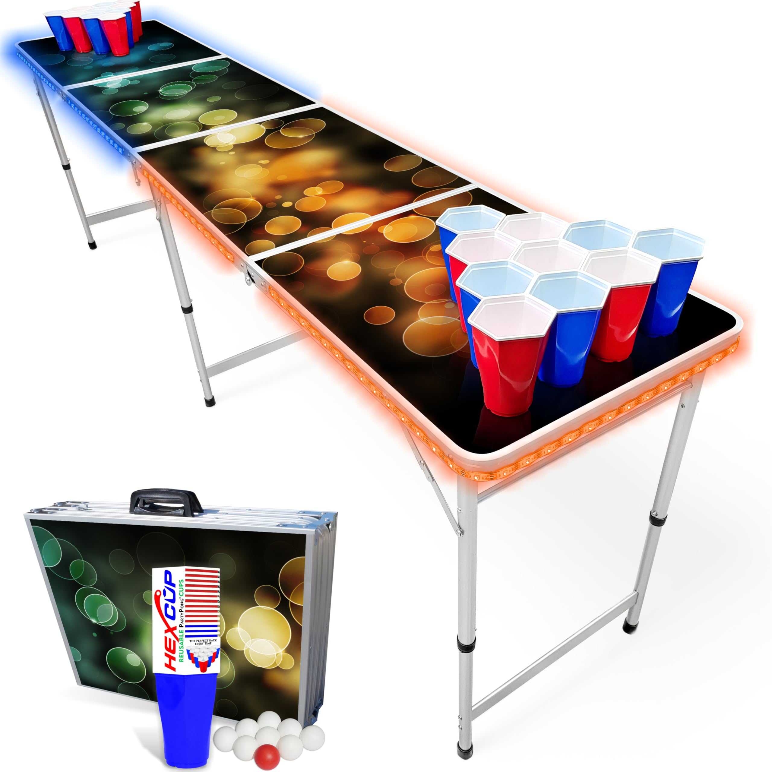 8-Foot Folding Party Table w/Music Sync LED Lights, Free Set of HEXCUPs & (9) Pong Balls - Bubbles