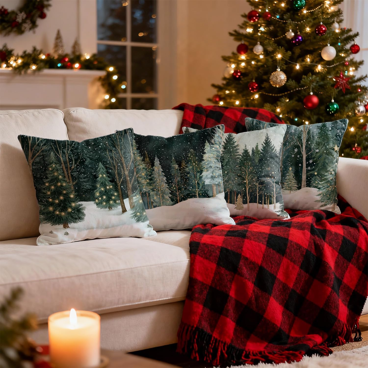 Christmas Tree Enchanted Forest Pillow Covers 18x18 Set of 4, Farmhouse Winter Snowy Pine Forest Night Scene Decorative Throw Pillow Covers Pillowcases for Living Room Home Bedroom