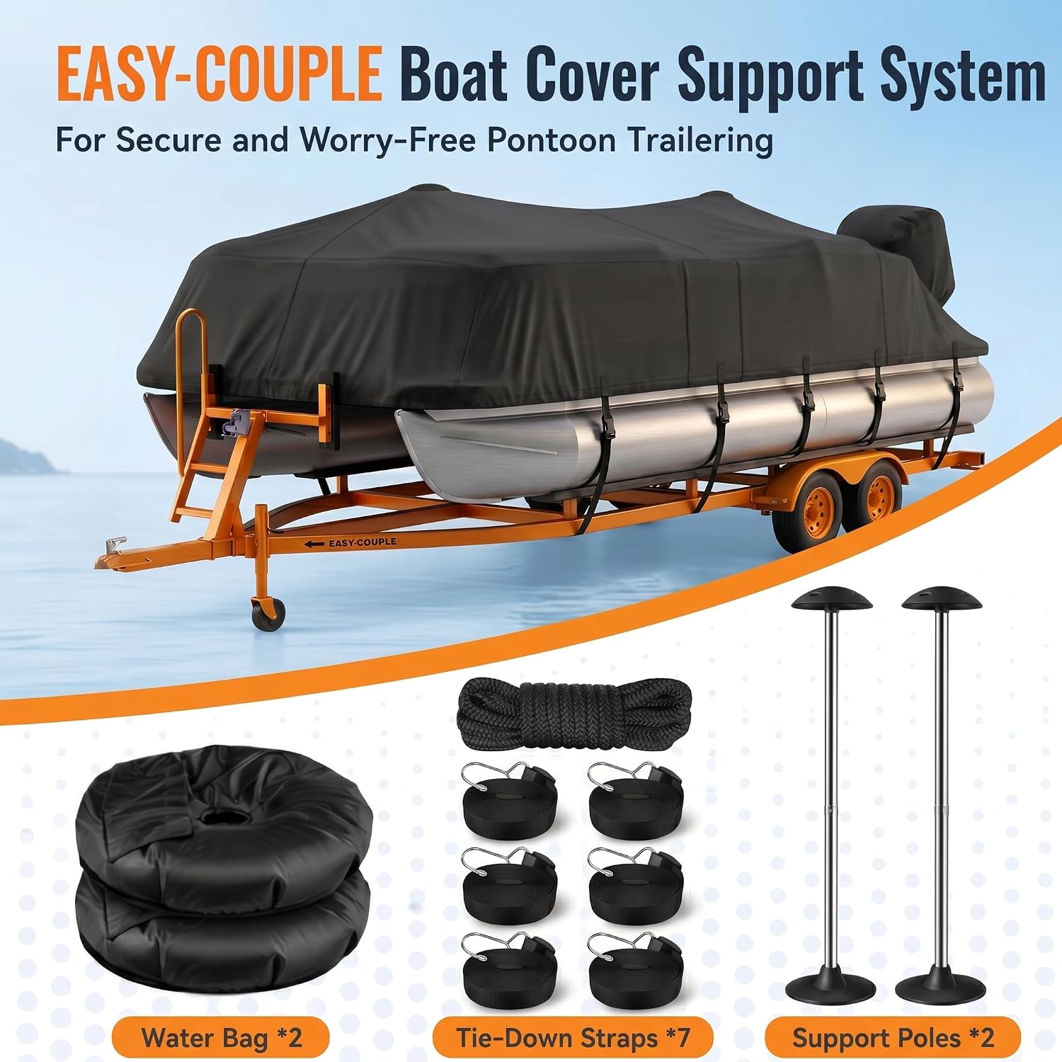 Pontoon Cover 17-20ft, 1200D Waterproof Boat Cover for Pontoon with 2 Adjustable Support Poles,Pontoon Boat Cover with Motor Cover, Adjustable 14 Tie Down Straps, Black