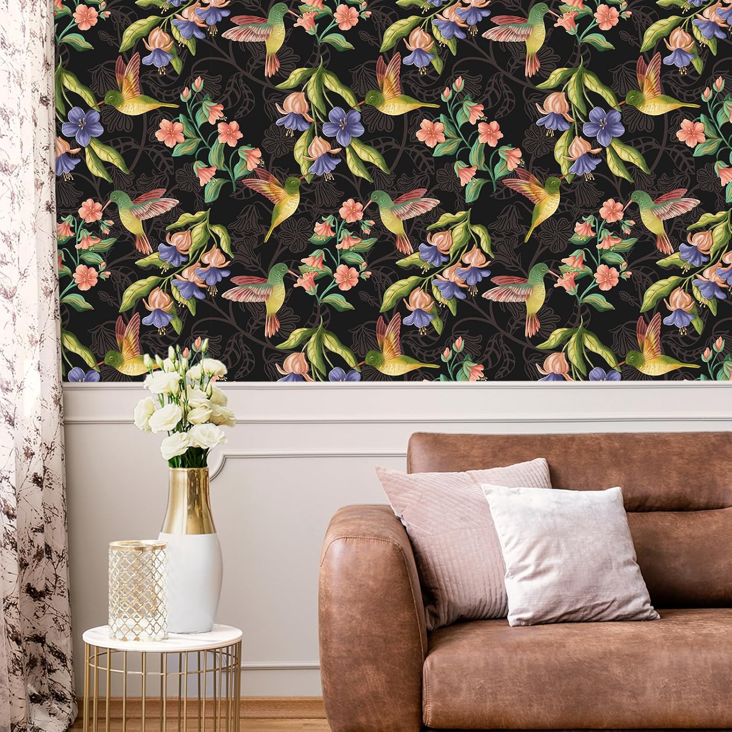 Boho Hummingbird Floral Wallpaper Peel and Stick Garden Flower Wall Paper Dark Botanical Leaf Bird Wallpaper Prepasted Removable Watercolor Floral Contact Paper for Walls Bedroom 17.7"x160"