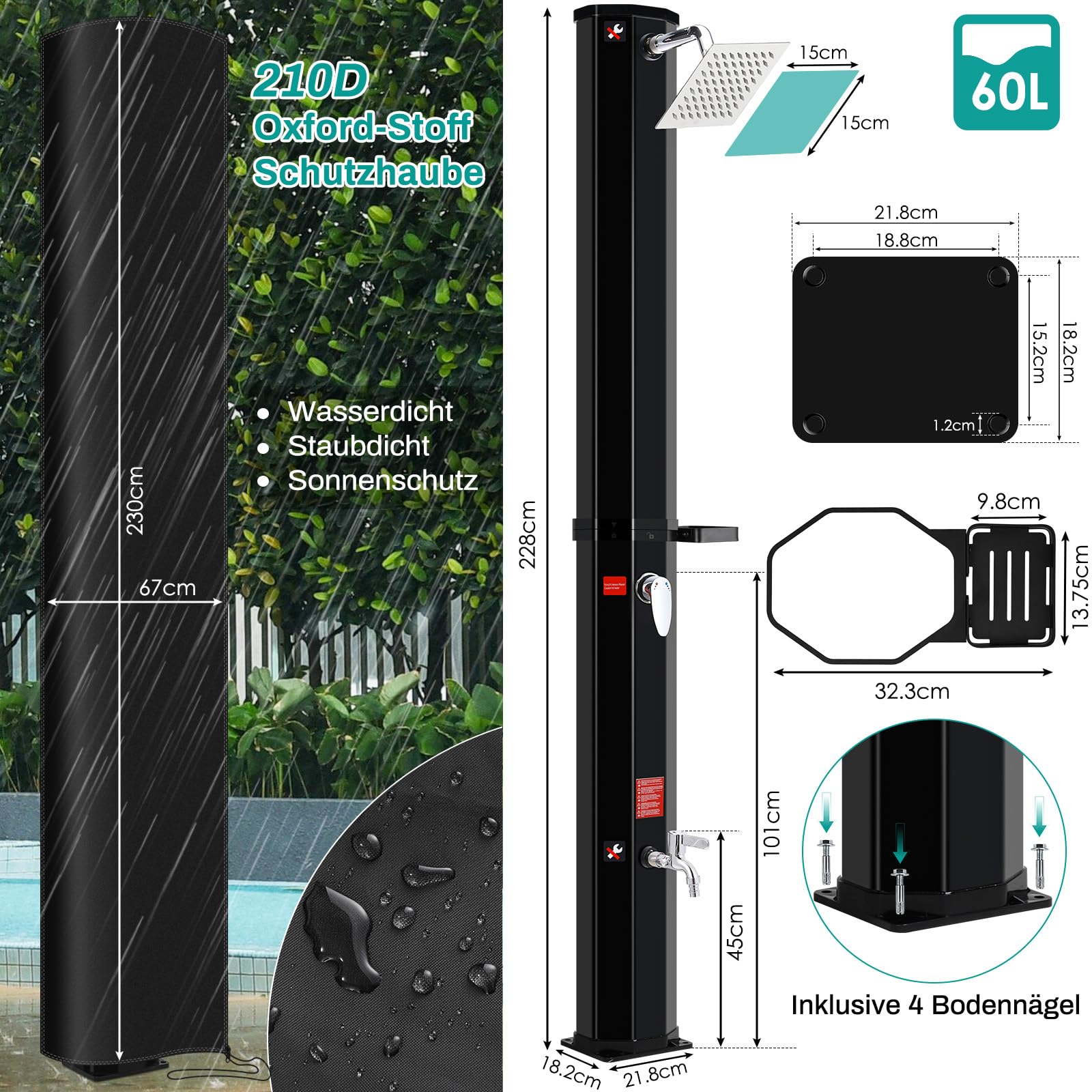 Ducha Solar 60 litros, Ducha de Jardín con Cabezal de Ducha, Grifo, Caja de Jabón y Cubierta Protectora, Temperatura del Agua hasta 60°C, Ducha de Piscina Camping sin Conexión Eléctrica