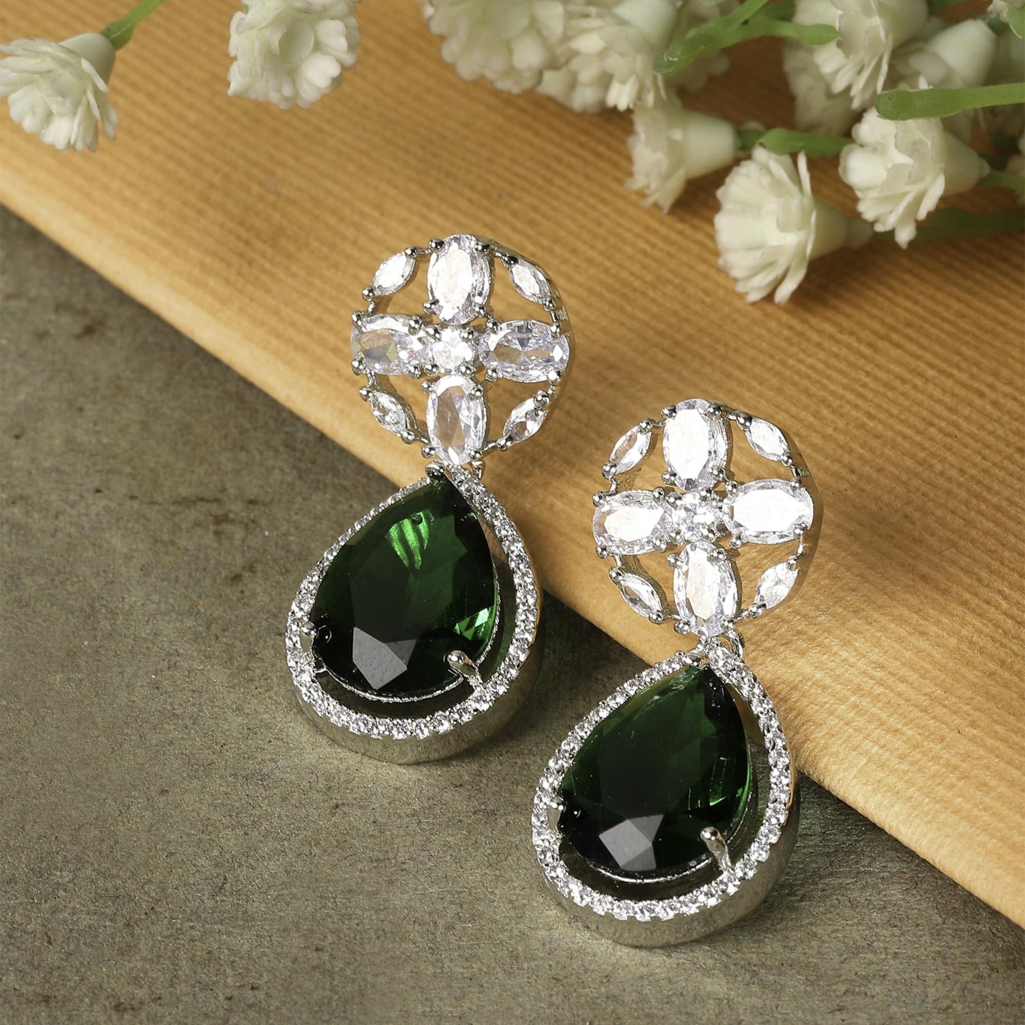 Rhodium-Plated Teardrop & Floral Drop Earrings