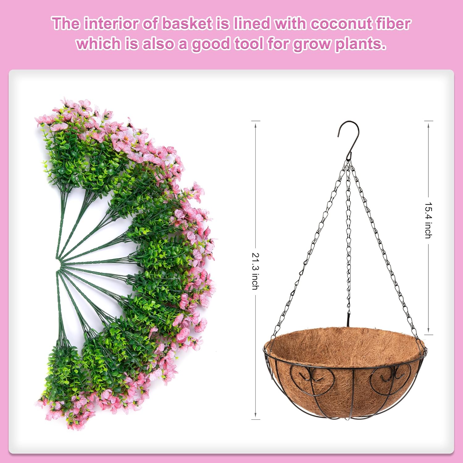 Artificial Flowers Hanging Basket for Outdoor Indoor Spring Summer Decor,Fake Silk Colorful Daisy Eucalyptus in 12" Metal Coconut Lining Flowerpot Arrangement for Home Patio Yard Decor(Pink) - Image 2