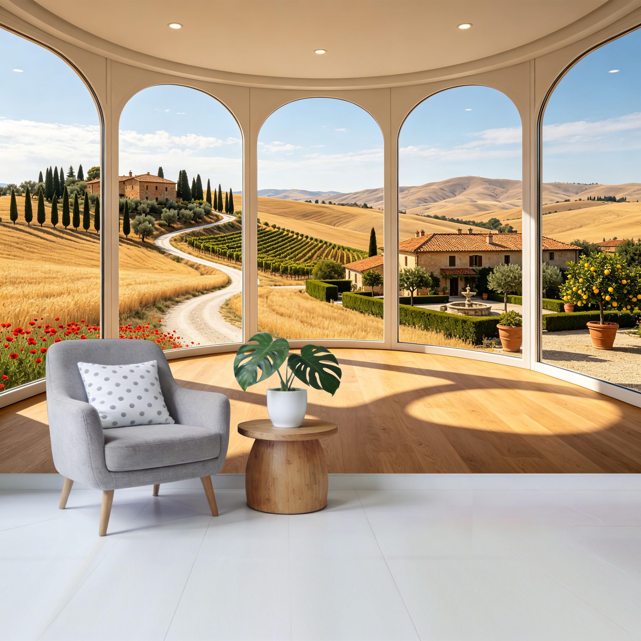 Removable Self Adhesive Fabric Mural， Tuscan Landscape Vineyard Custom Size Wall Covering， UV Protected Waterproof Washable Wall Decor for Living Room Bedroom Bathroom