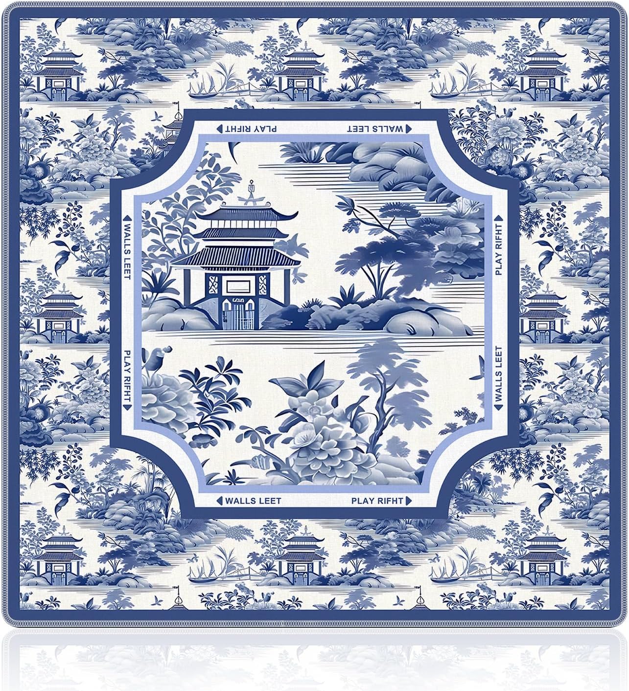 NATSUNO Blue Chinoiserie Pavilion Mahjong Mat (31.5″x31.5″), Traditional Asian Oriental Chinese Non-Slip Noise Reduction Mahjong Table Mat for American Mah Jong Poker Board Games Card Games Dominoes