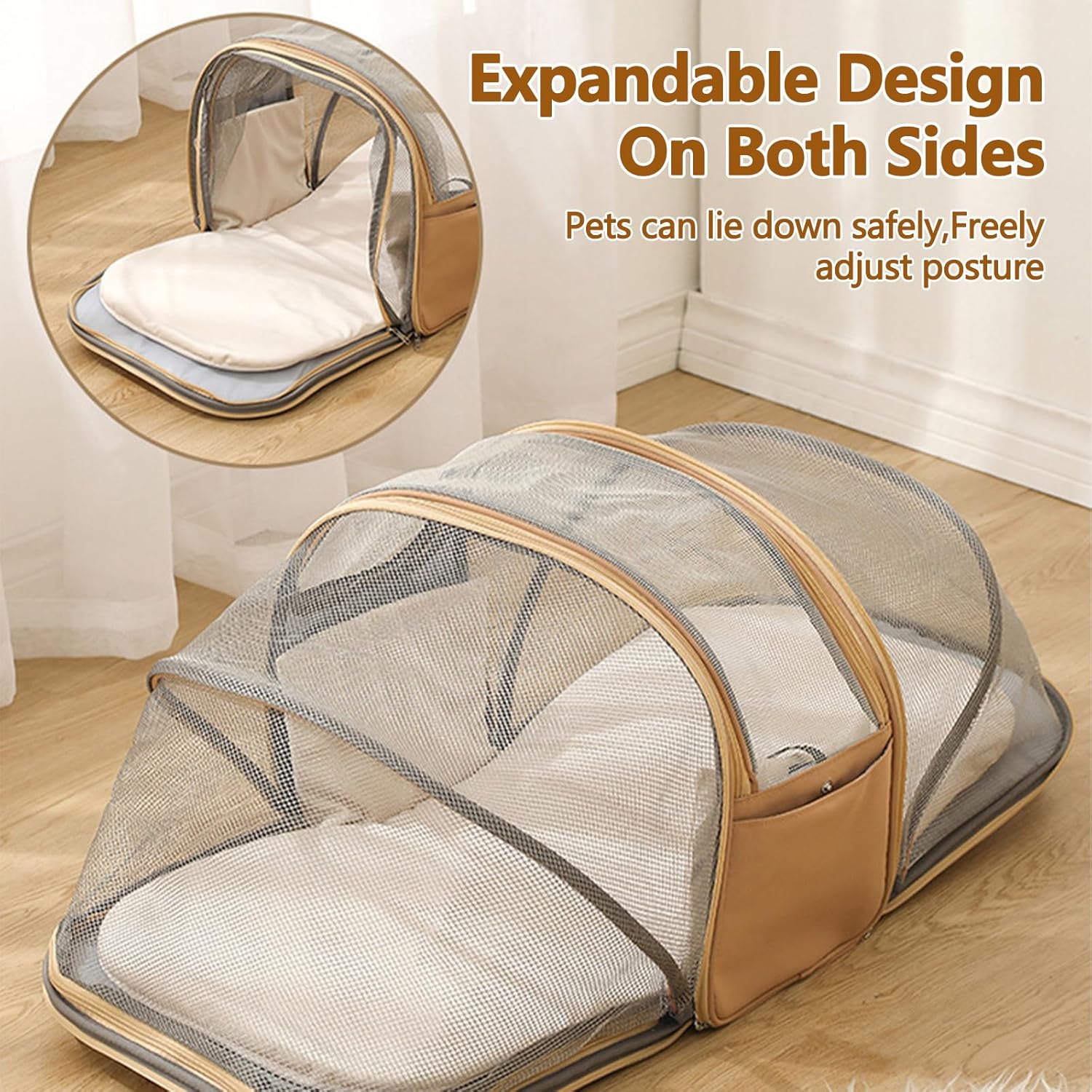 Dog Backpack, Ventilated Safe Design, Multiple Pockets, Breathable Mesh Pet Backpack for Hiking, Travel, Outdoor, Cat Backpack with Padded Back Support(Khaki)