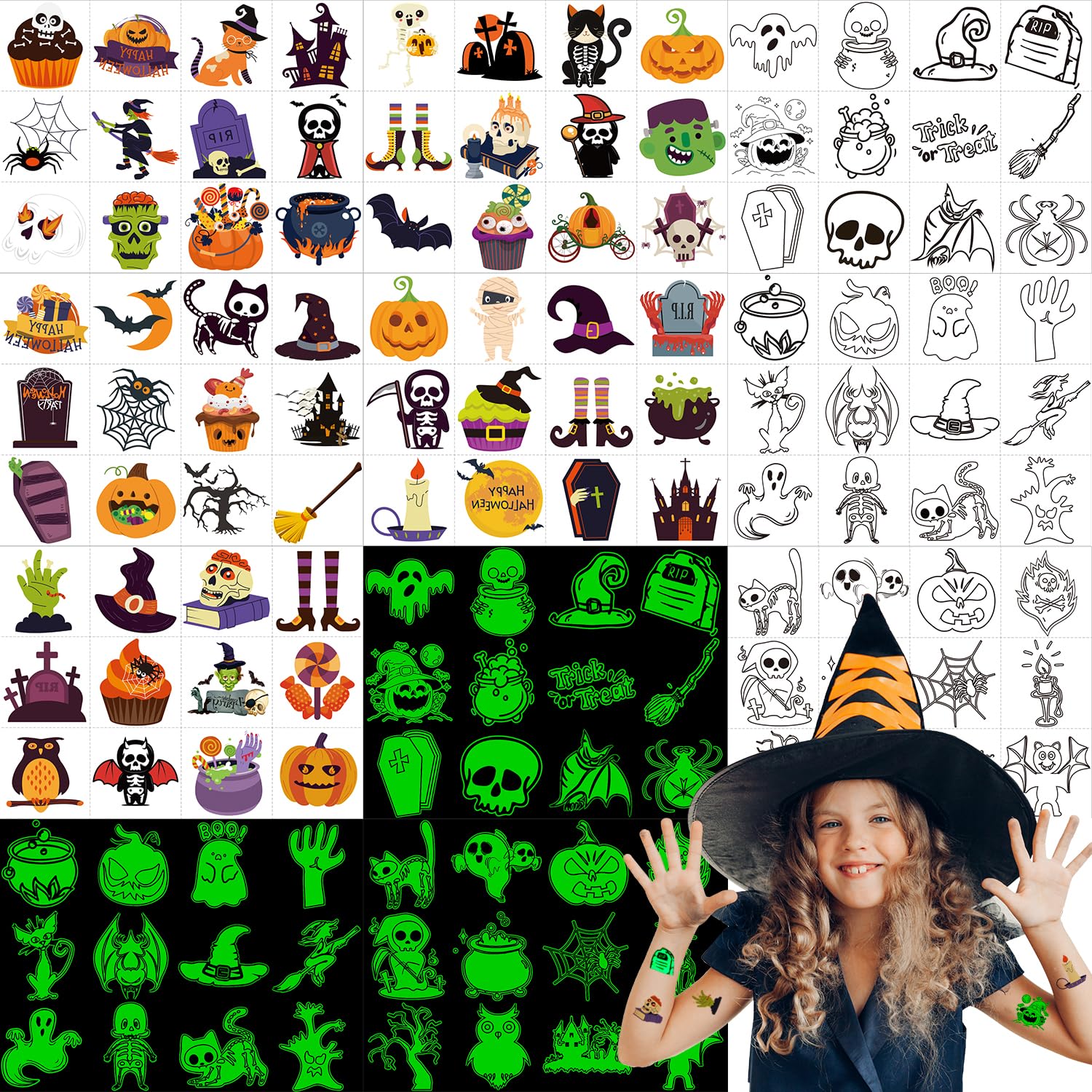 600 tatuajes temporales de Halloween para niños, varios colores y que brillan en la oscuridad, calcomanías de tatuajes para fiestas de Halloween,