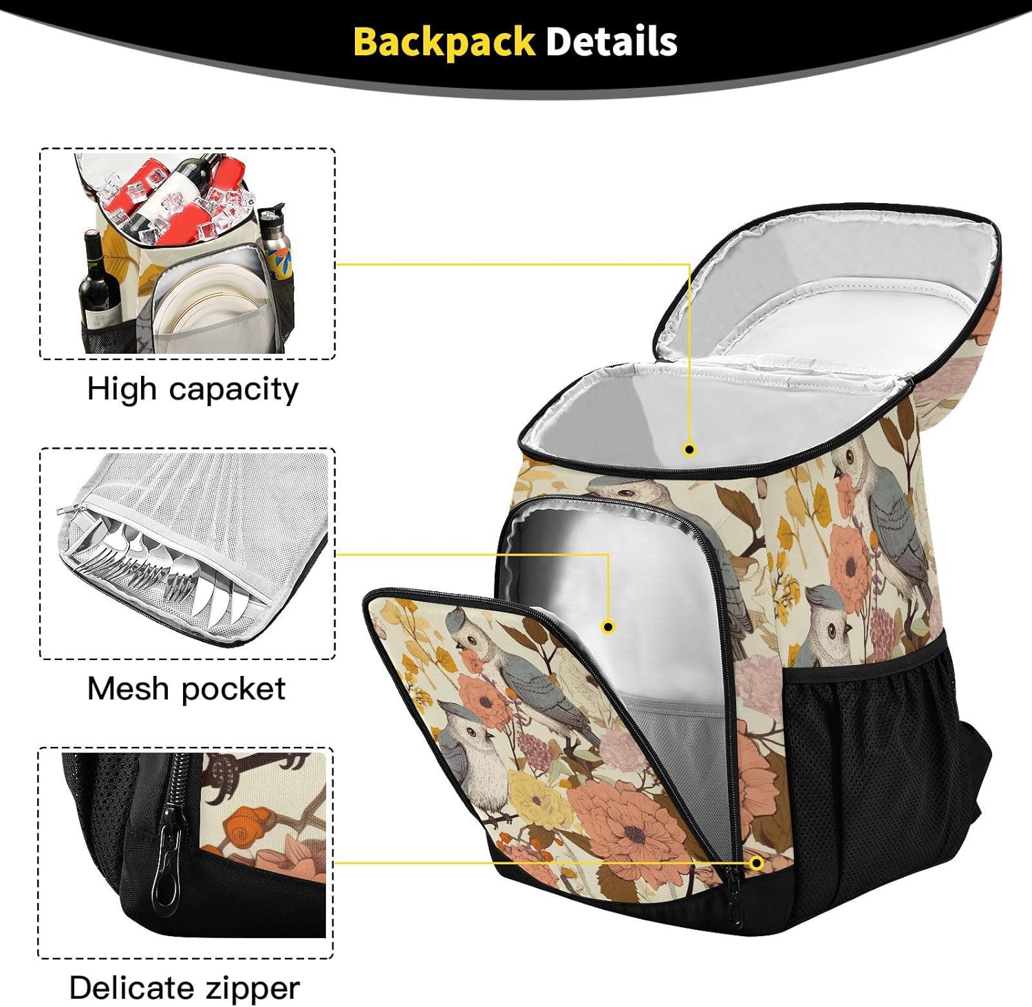 Cute Birds Cooler Backpack 36 Cans Leakproof Waterproof Backpack Cooler Bag Beach Accessories for Women and Men Travel Camping Fishing Backpack