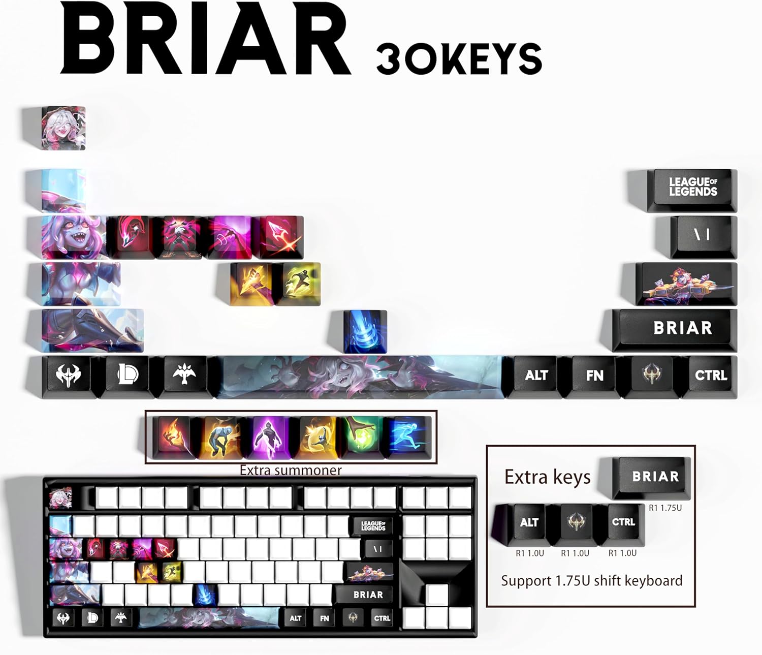 Briar Keycaps Set for League of Legends Gaming Skill 30 Keys Keycap Set OEM Profile for MX Mechanical Gaming Keyboards (Briar 30 Keys)