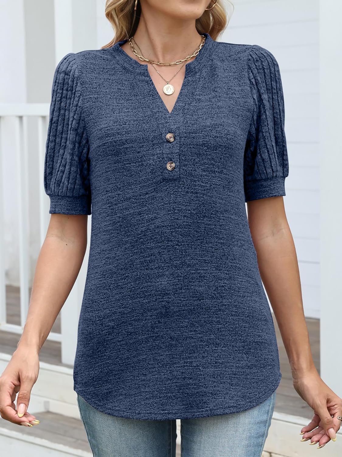 ANRABESS Women's Tops Puff Short Sleeve Henley Shirt Dressy Casual Blouses Summer Sweater 2026 Spring Business Cute Tunics - Image 3